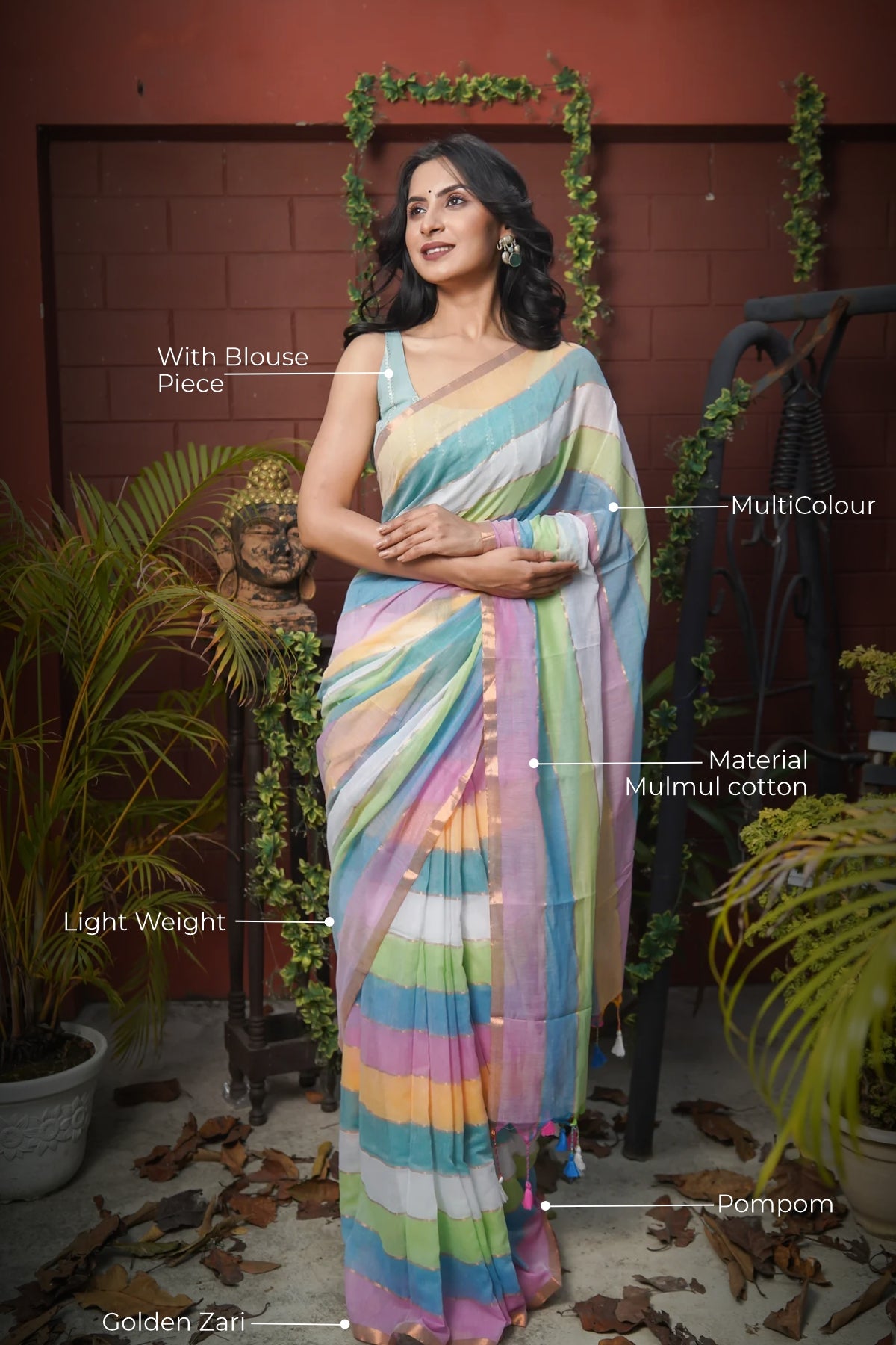 Multicolour Rainbow Mul Mul Cotton Saree with Blouse piece