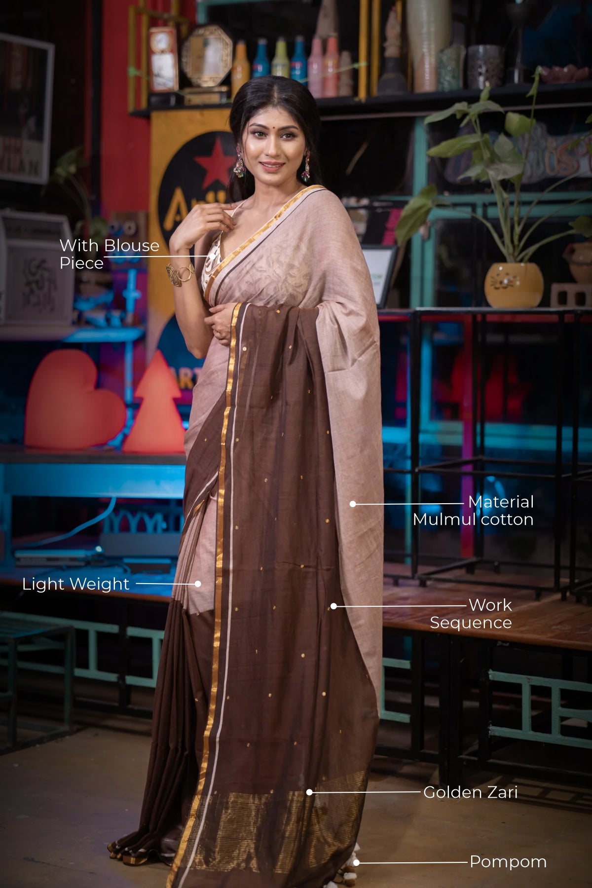 Brown Half-half gini Work Mul Cotton Saree with blouse piece
