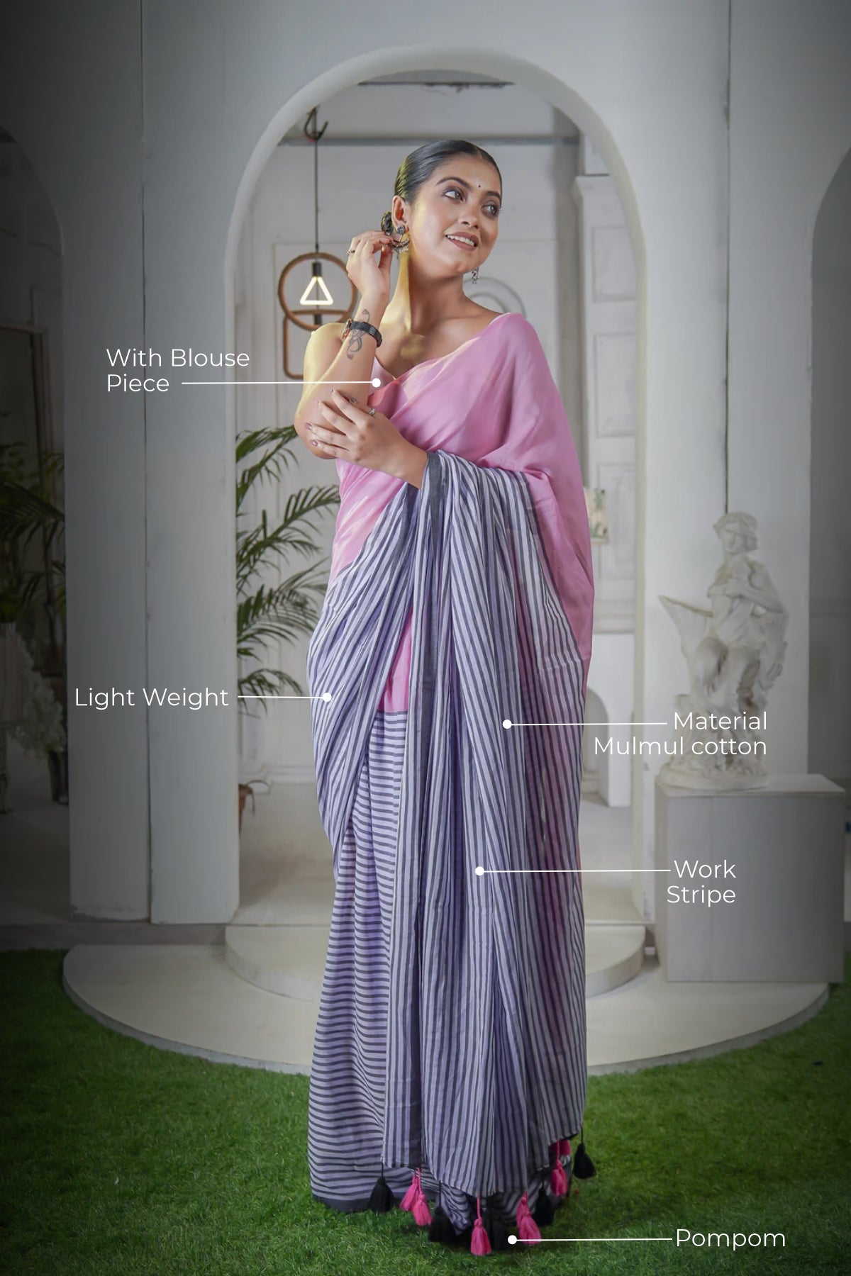 Baby Pink Half-half Check Mul Cotton saree with Blouse piece