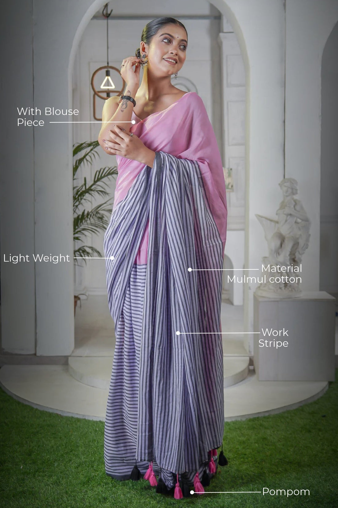 Baby Pink Half-half Check Mul Cotton saree with Blouse piece