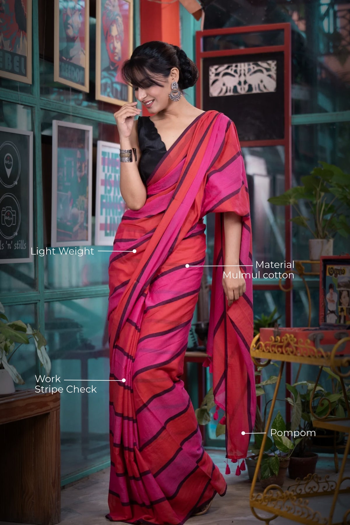 Check Mul Mul Cotton Saree - Orange and Rani