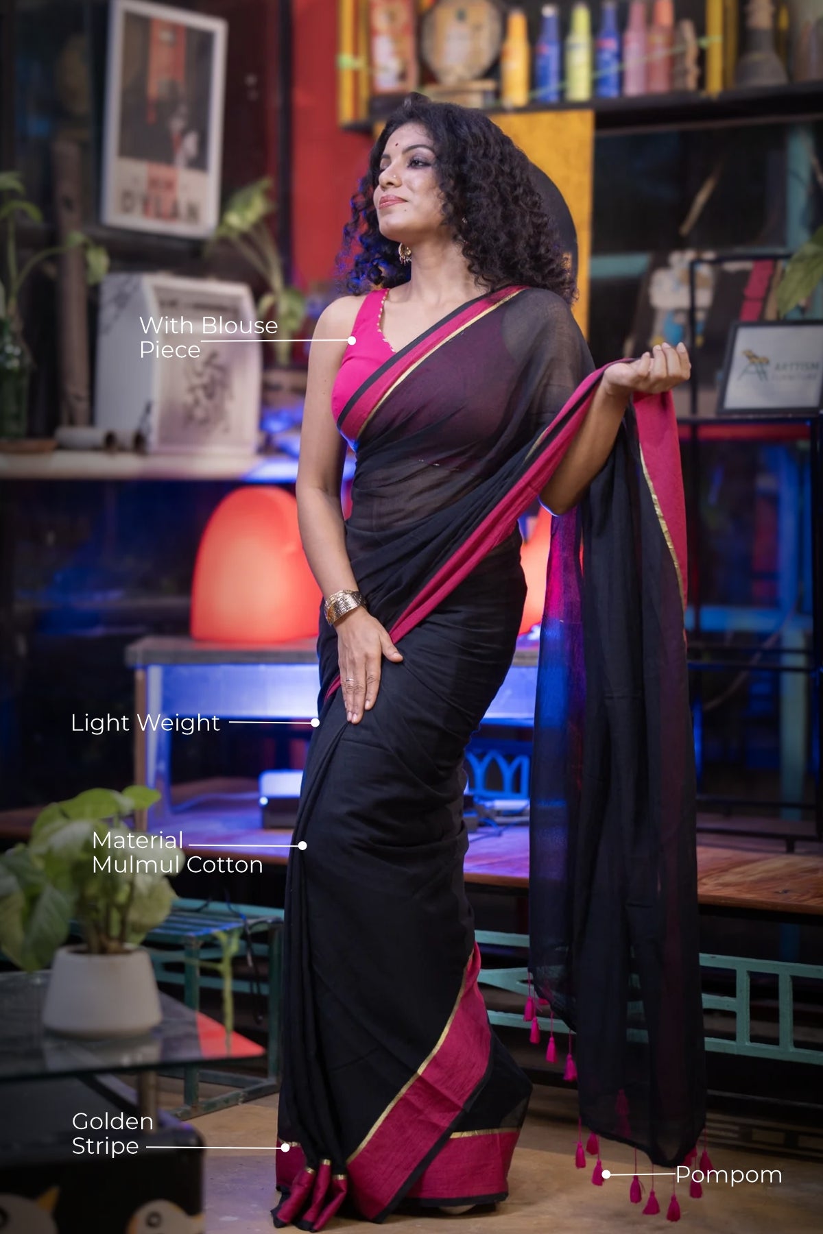 Black Mulmul Cotton Saree With Blouse piece