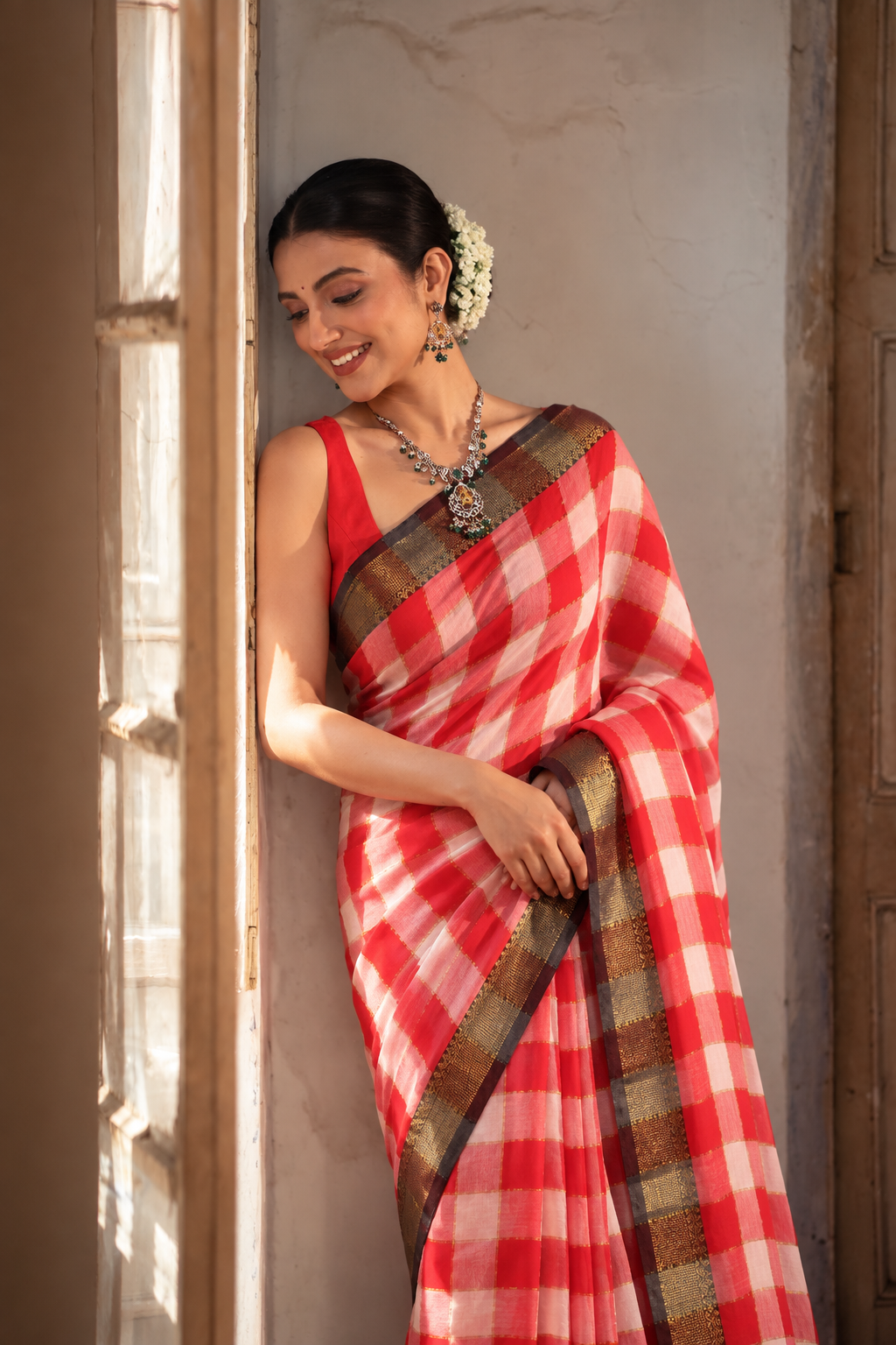 Red&White Box Check Mulmul Cotton Saree – Golden Zari
