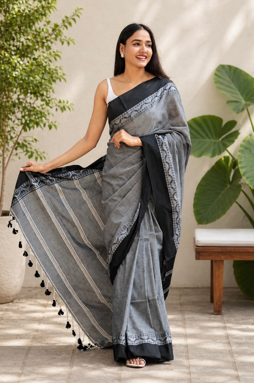 Grey Mulmul Cotton Saree with Hand Weaving Border & Blouse Piece