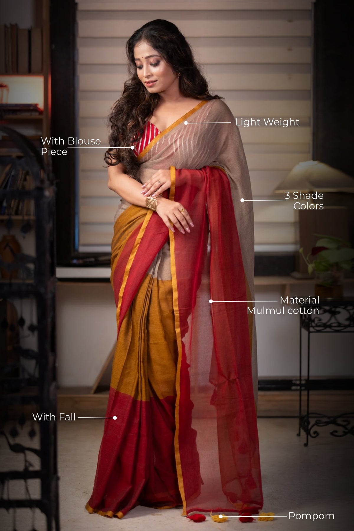 Multicoured Mul Mul Cotton Saree with blouse piece