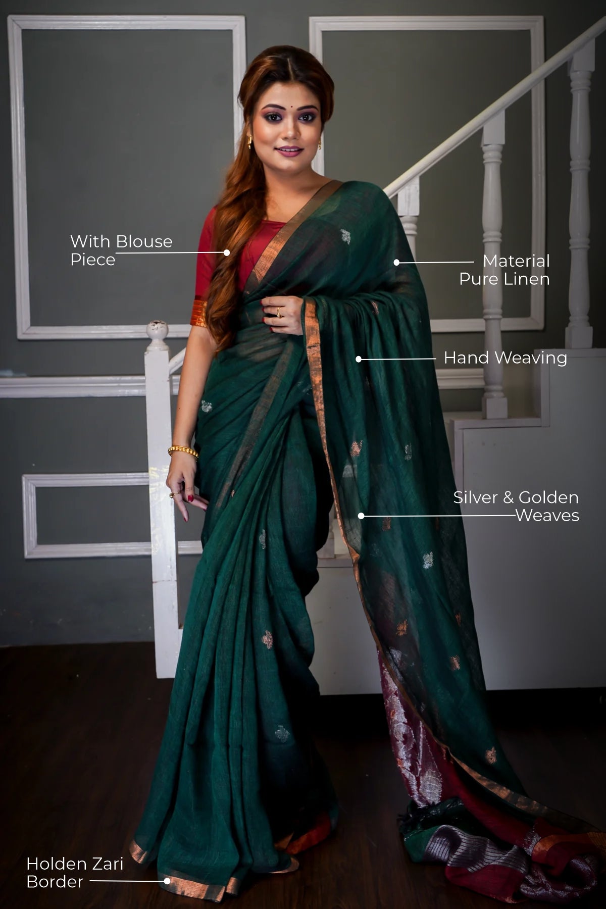 Green & Maroon Sankha Hand Woven linen Jamdani Saree with blouse piece