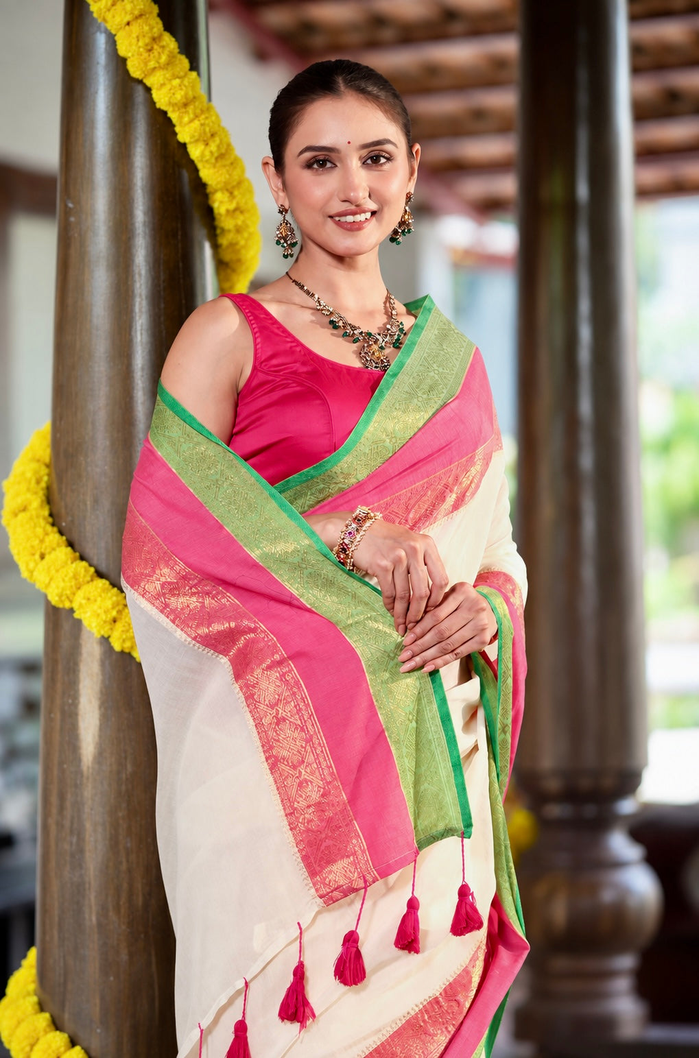 Off white jari border mulmu cotton saree with blouse piece