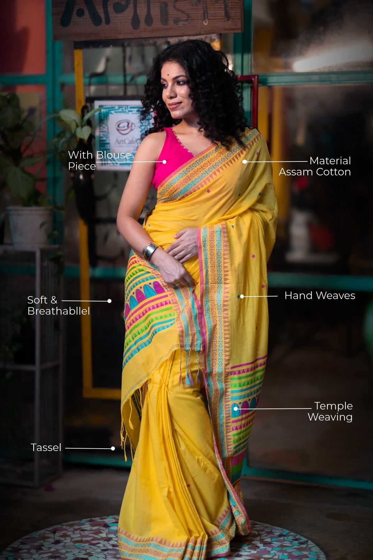 Yellow Pure Masrise Cotton Handwoven Saree with contrast blouse piece
