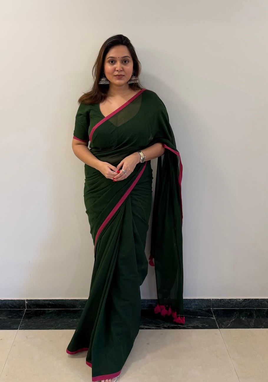 Dark green Pure Mulmul Cotton Saree with green blouse piece