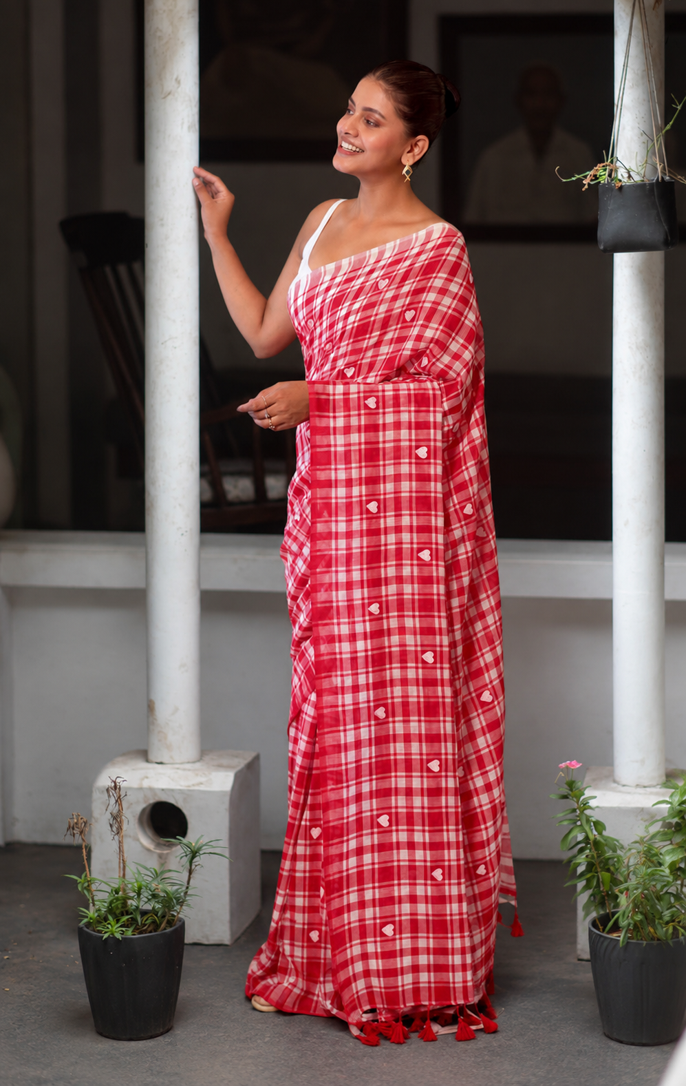 Red & White Checked Mulmul Cotton Saree with Love Embroidery