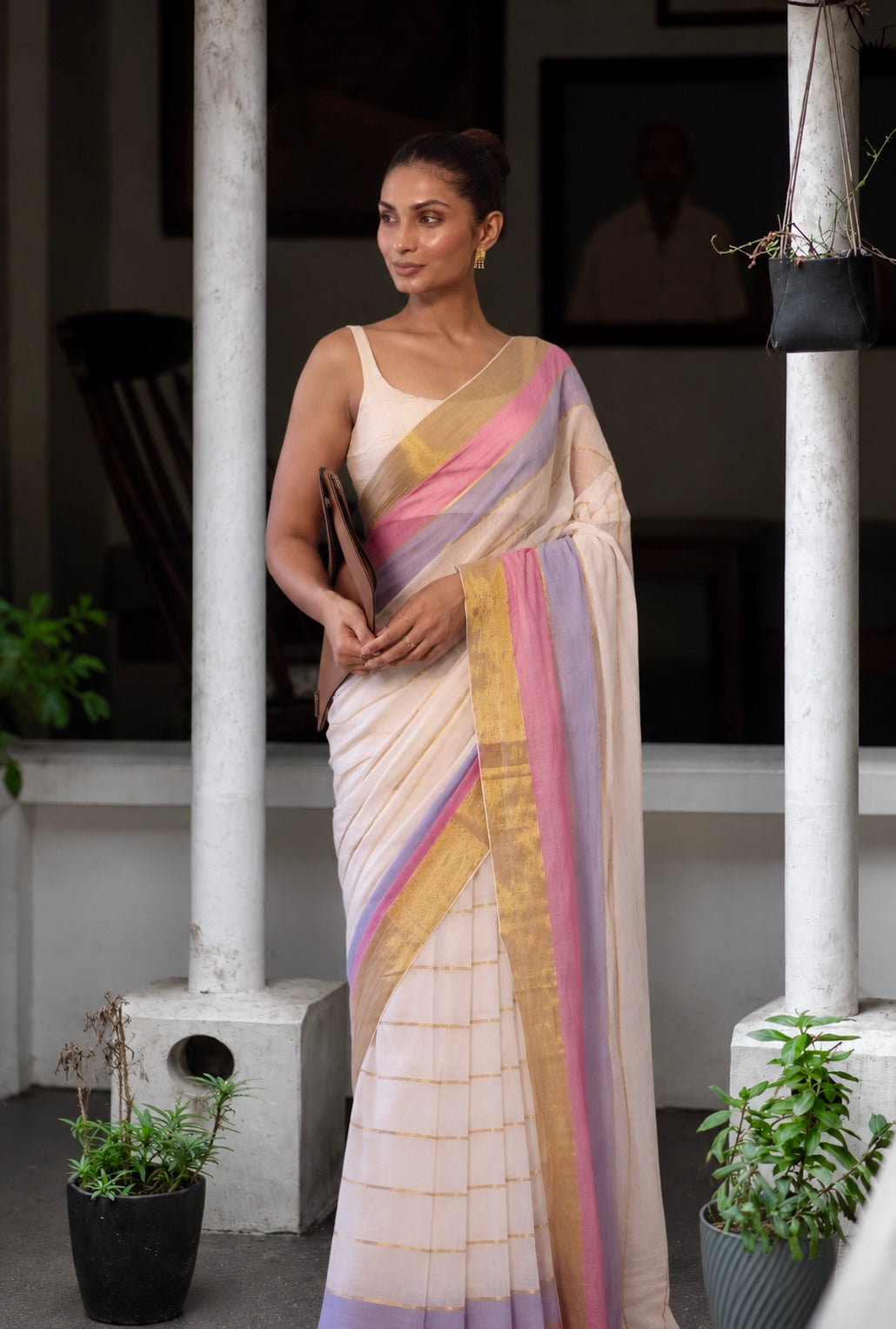 White Mulmul Cotton Saree with Golden Zari Check Border with BP