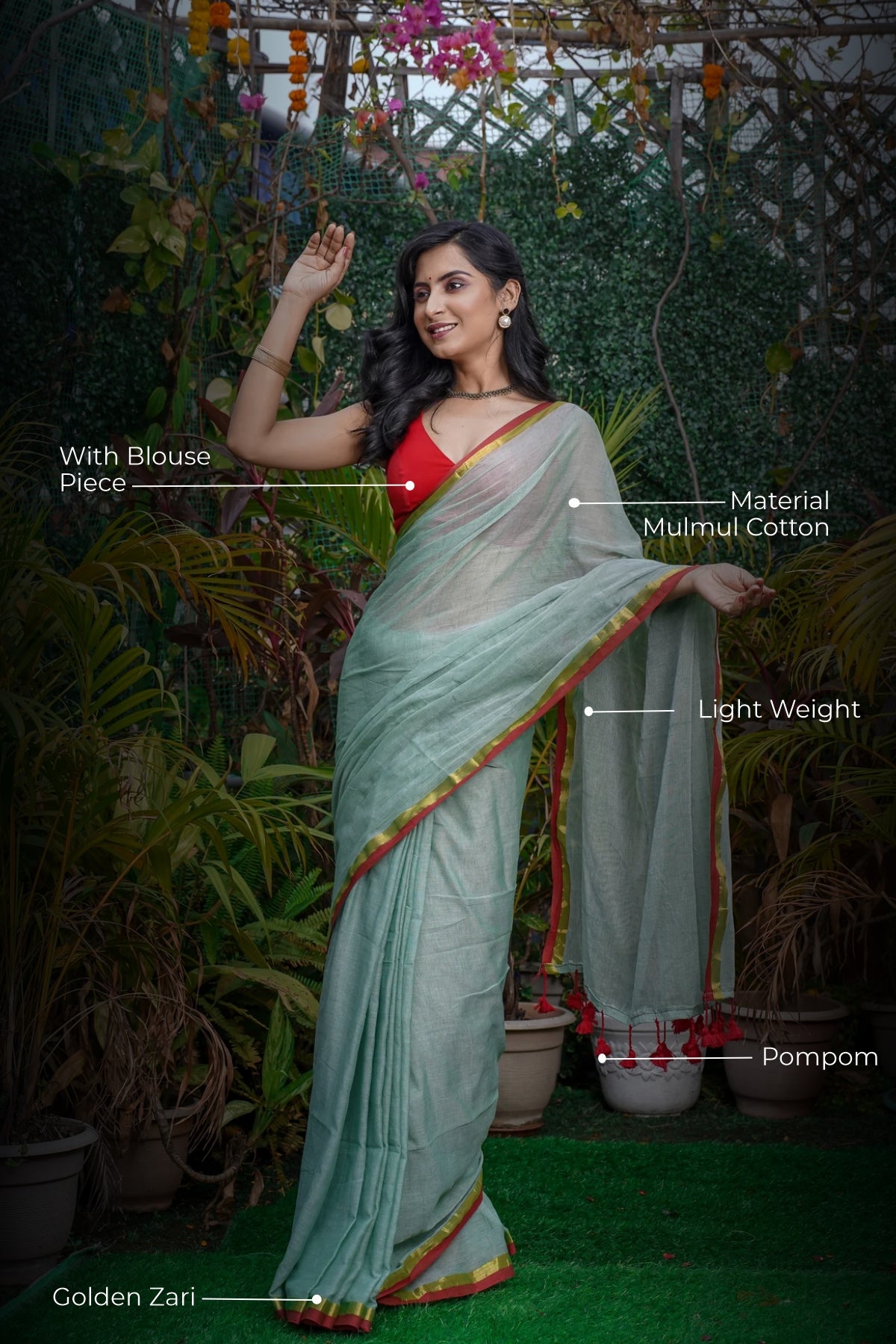 Candet Blue Red & Golden border Mul Mul Cotton Saree With Blouse Piece