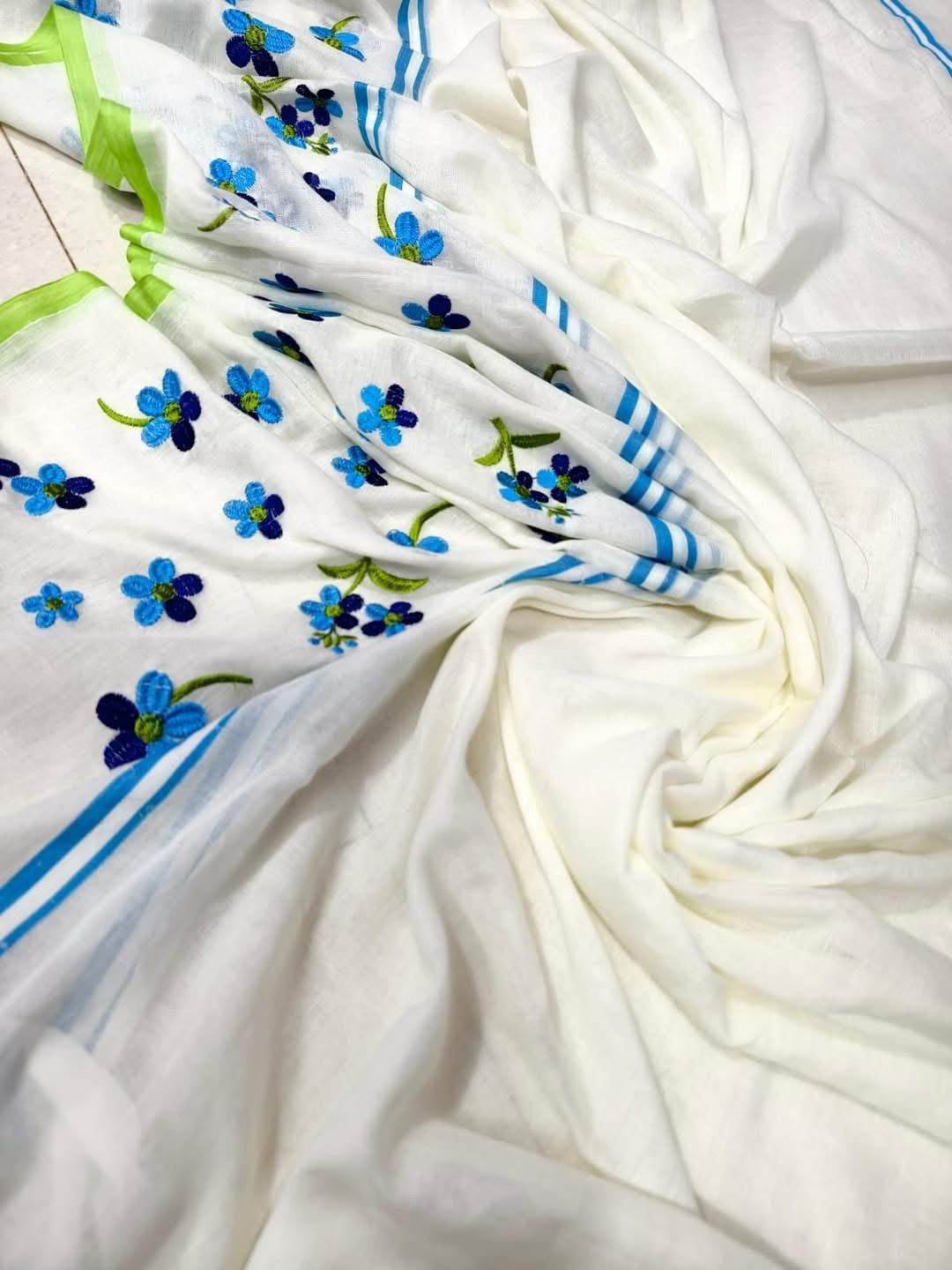 White Mul Mul Cotton Saree With Embroidery Work