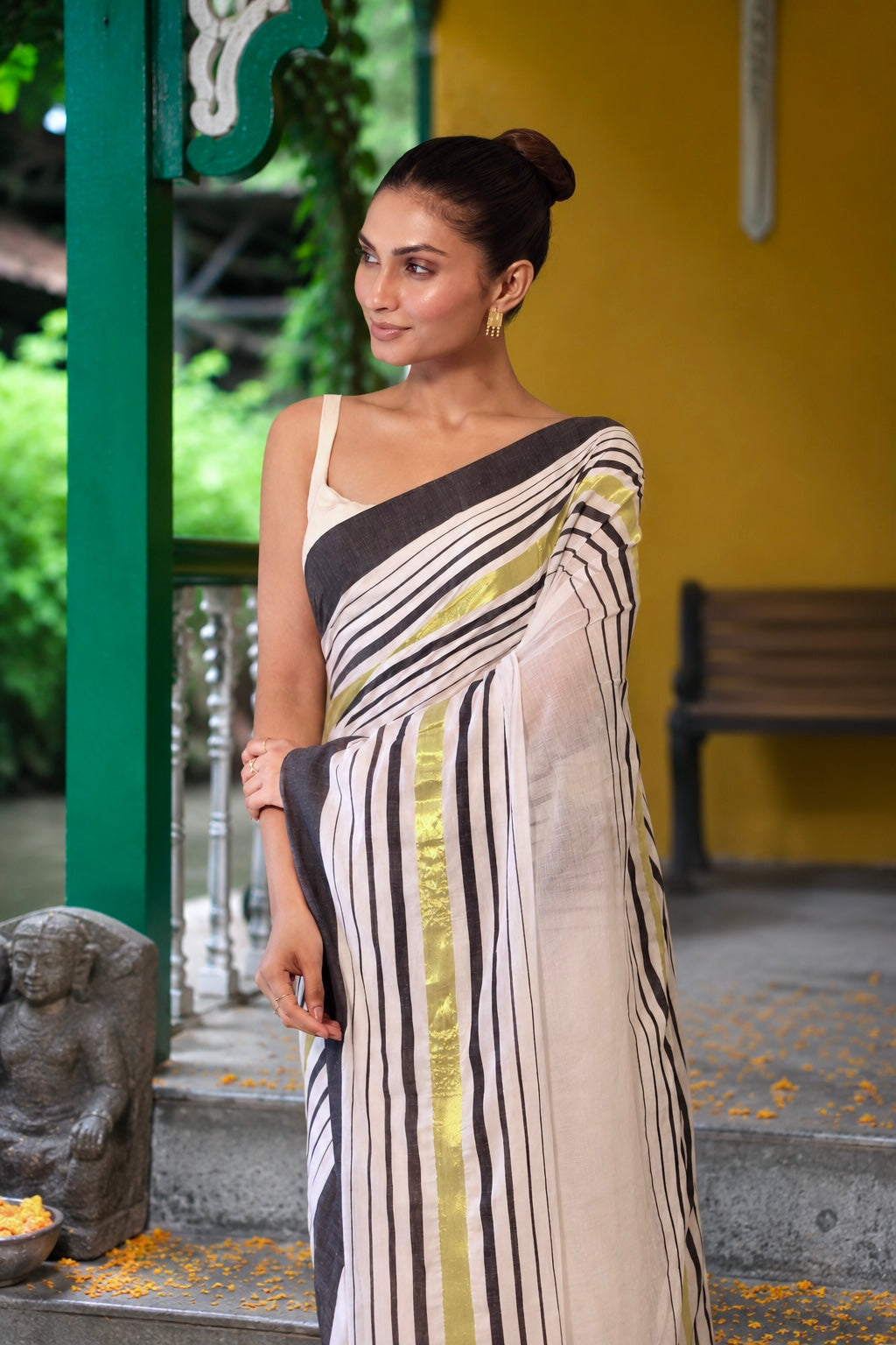 White stripes mulmul cotton saree