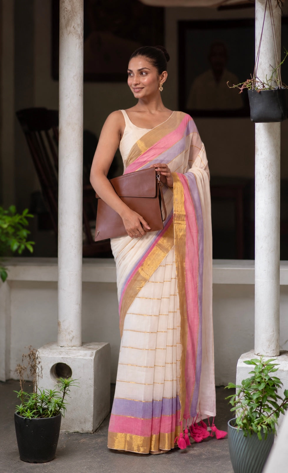 White Mulmul Cotton Saree with Golden Zari Check Border with BP