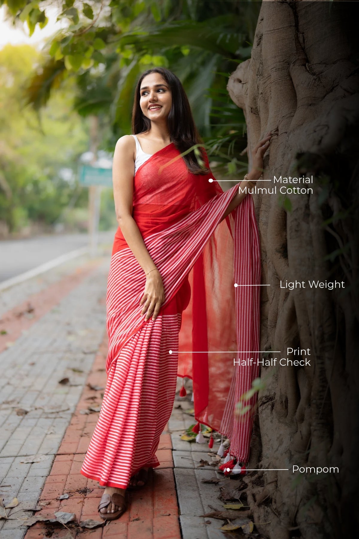 Red Half-Half Check Mul Cotton Saree