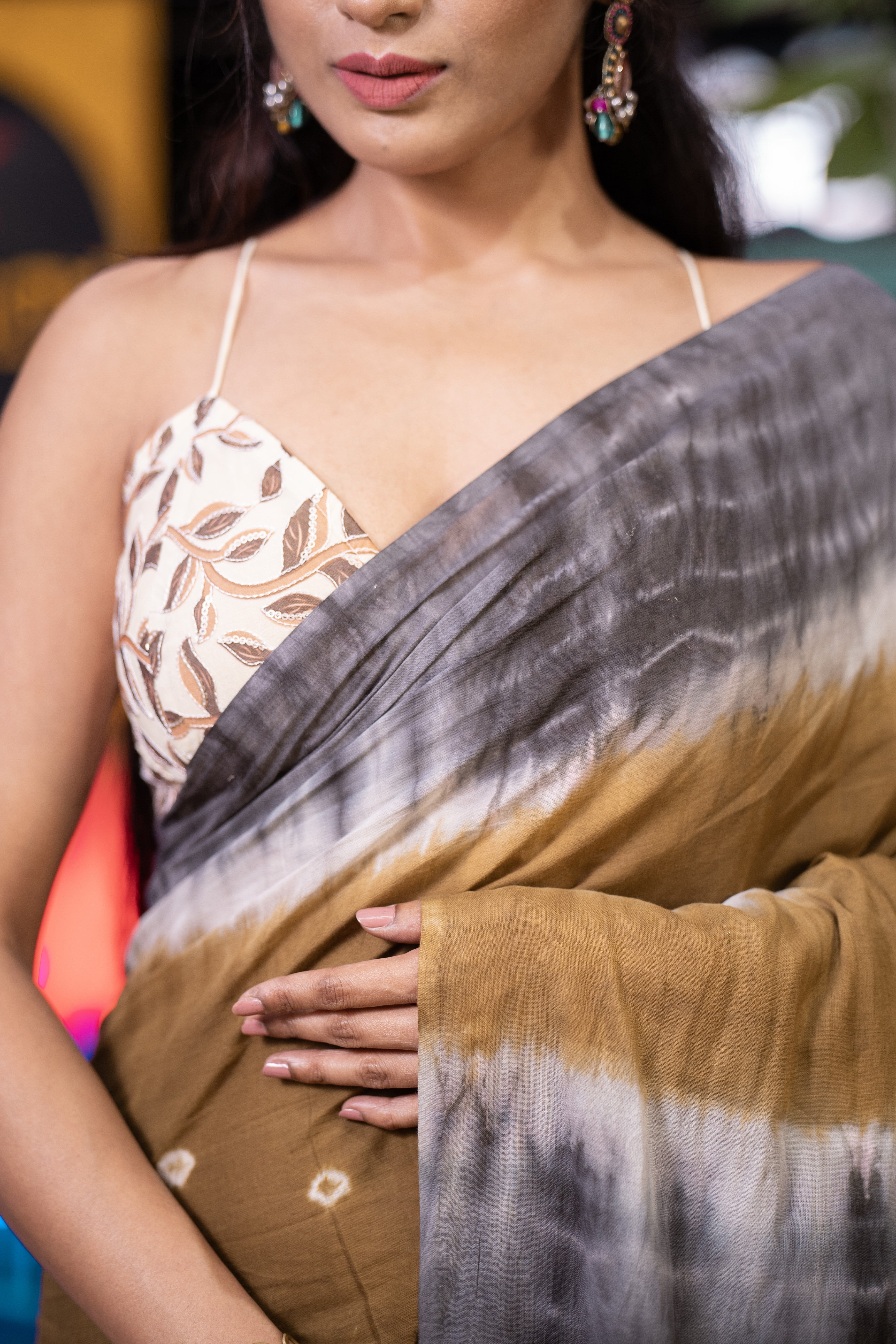 Ash brown Bandhani Mulmul Cotton Saree with blouse piece