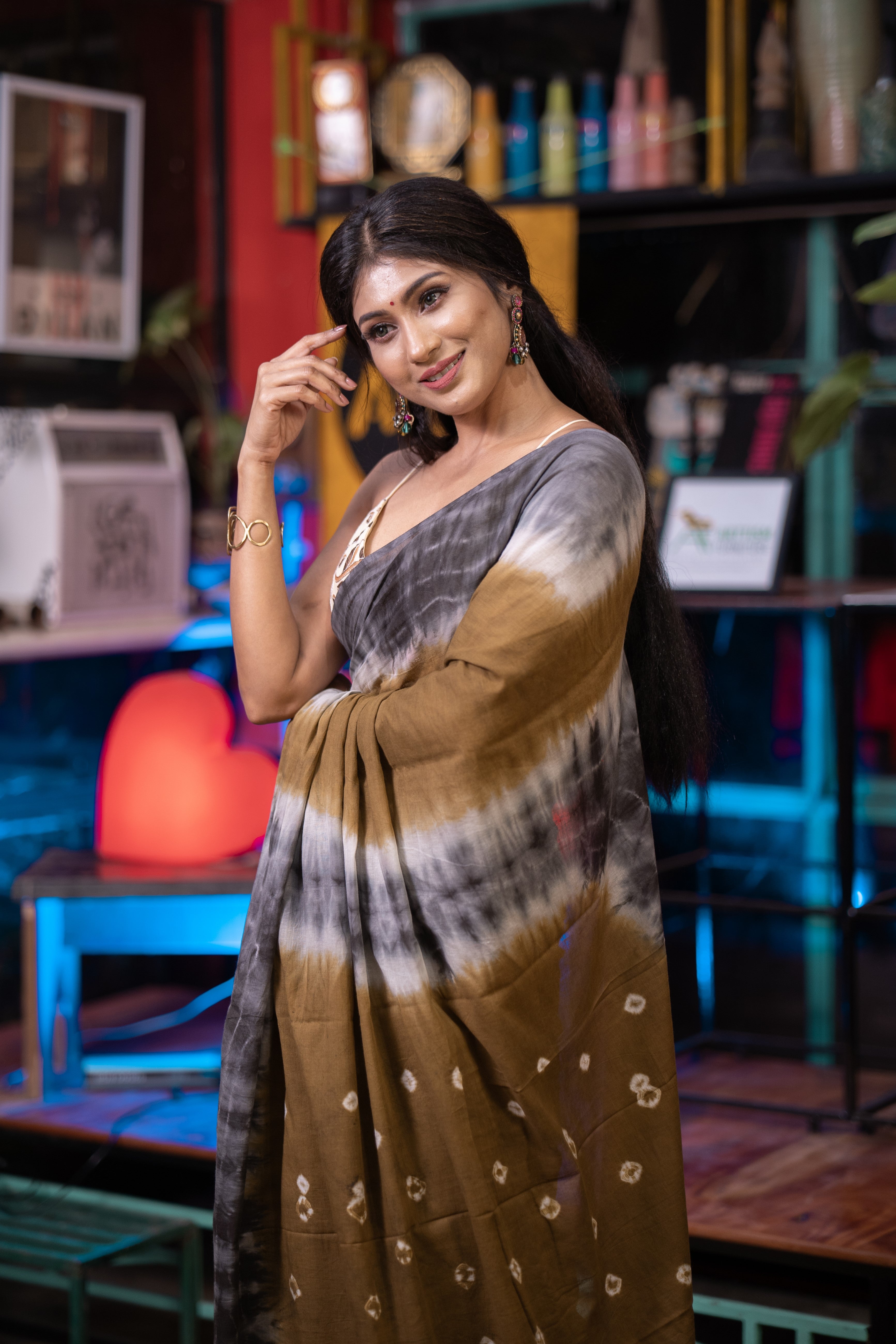 Ash brown Bandhani Mulmul Cotton Saree with blouse piece