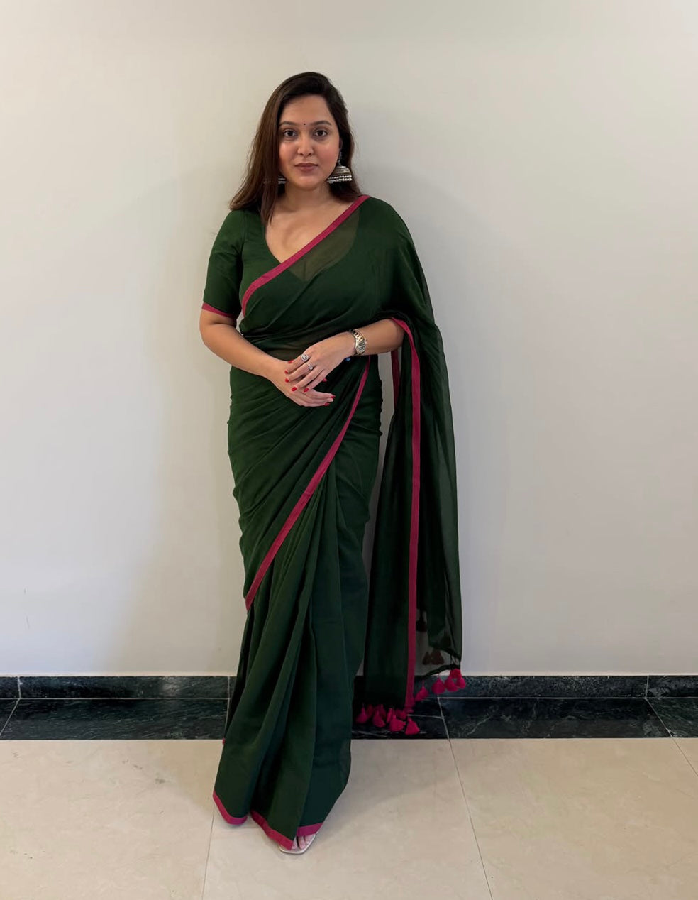 Dark green Pure Mulmul Cotton Saree with green blouse piece