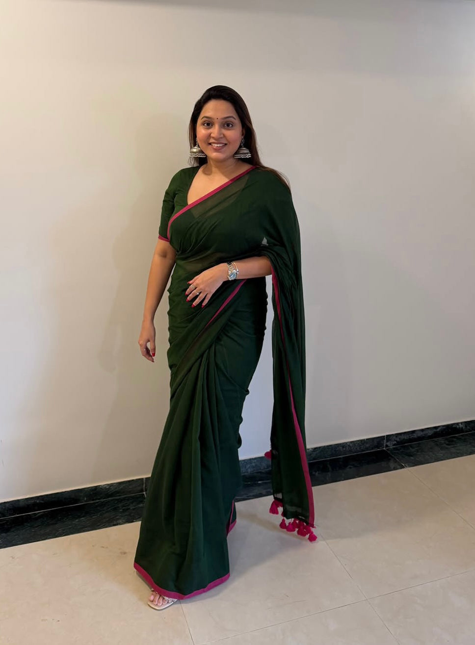 Dark green Pure Mulmul Cotton Saree with green blouse piece
