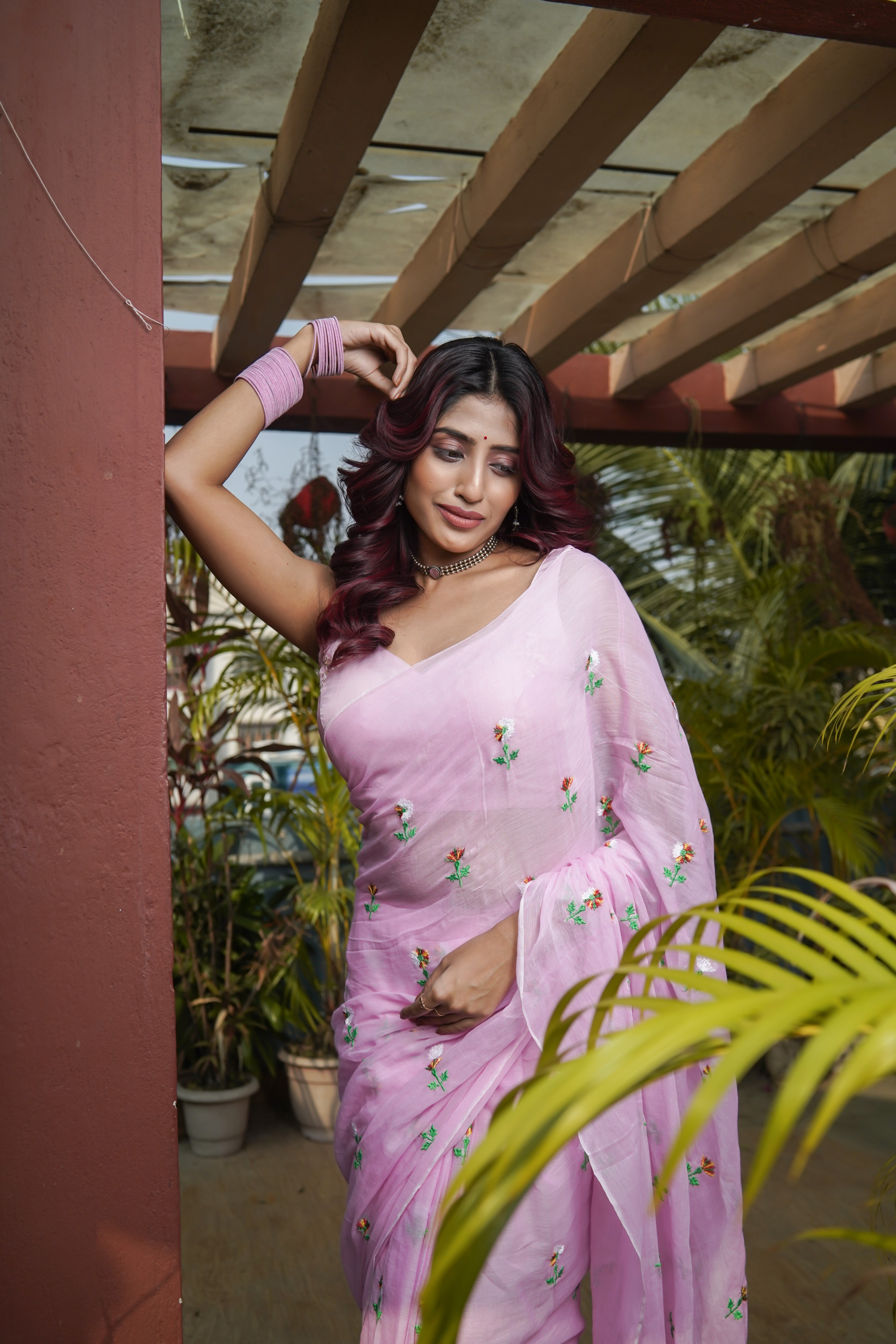 Embroidered Mul Mul Cotton Saree- Baby Pink