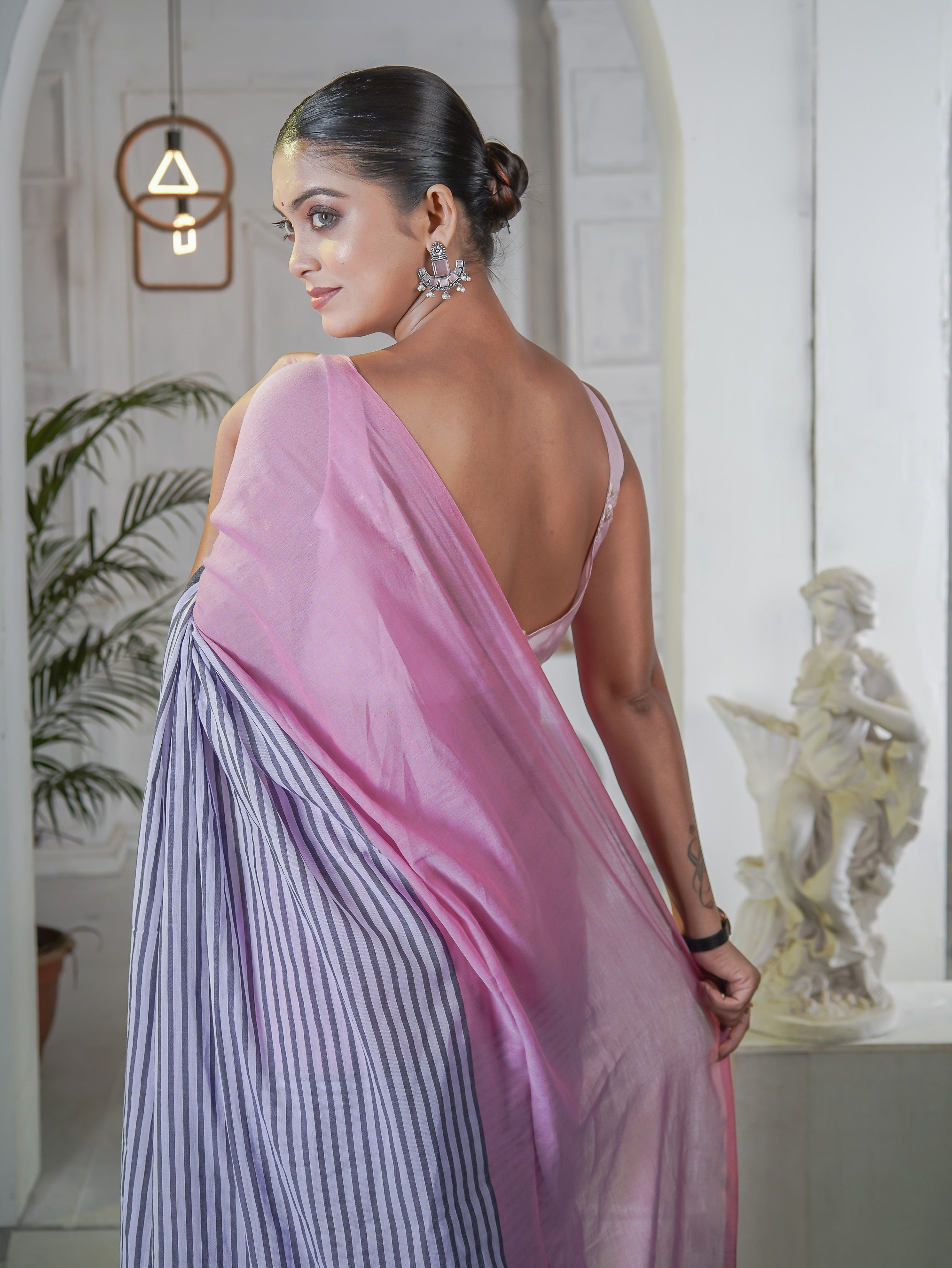 Baby Pink Half-half Check Mul Cotton saree with Blouse piece