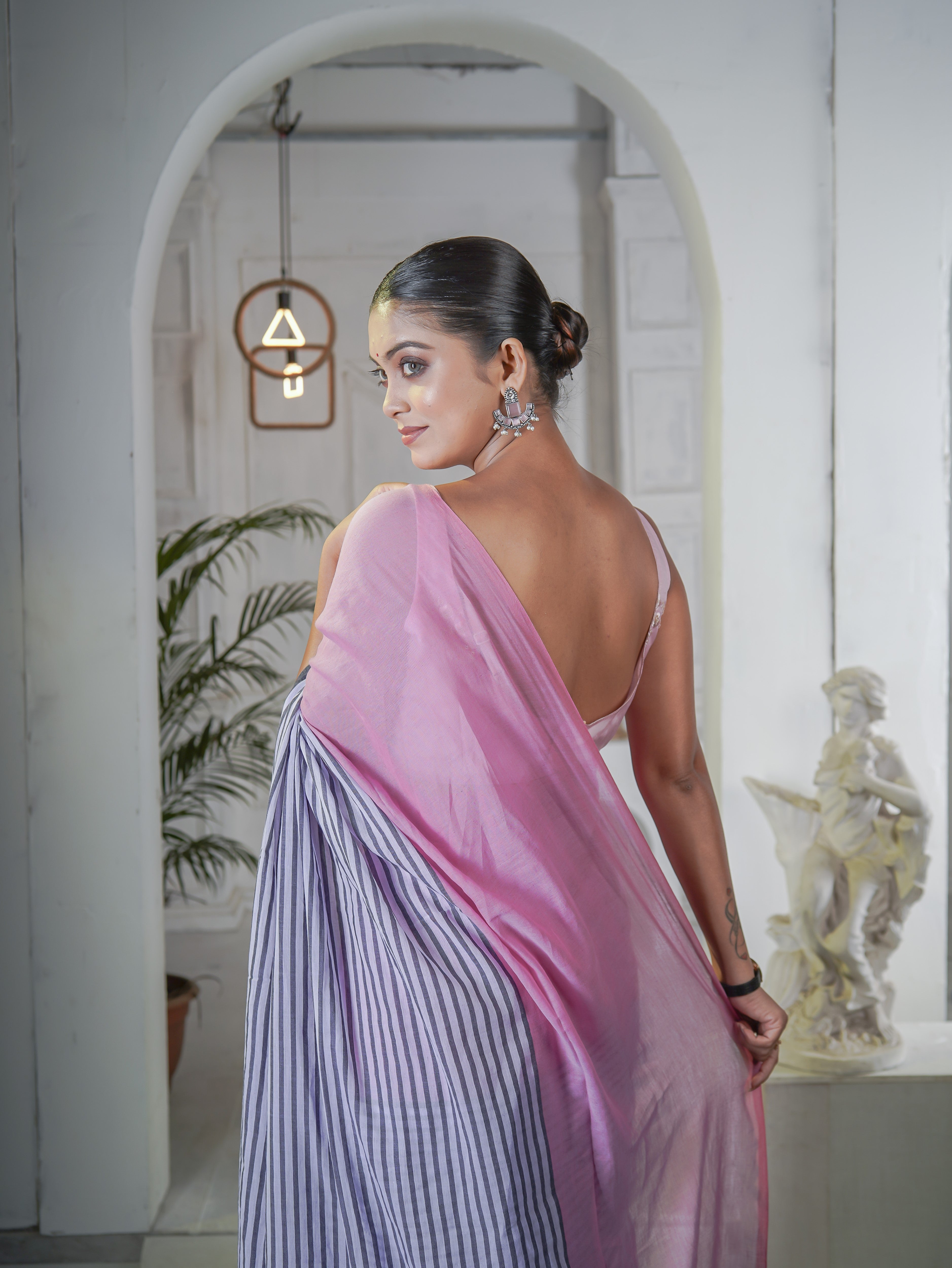 Baby Pink Half-half Check Mul Cotton saree with Blouse piece