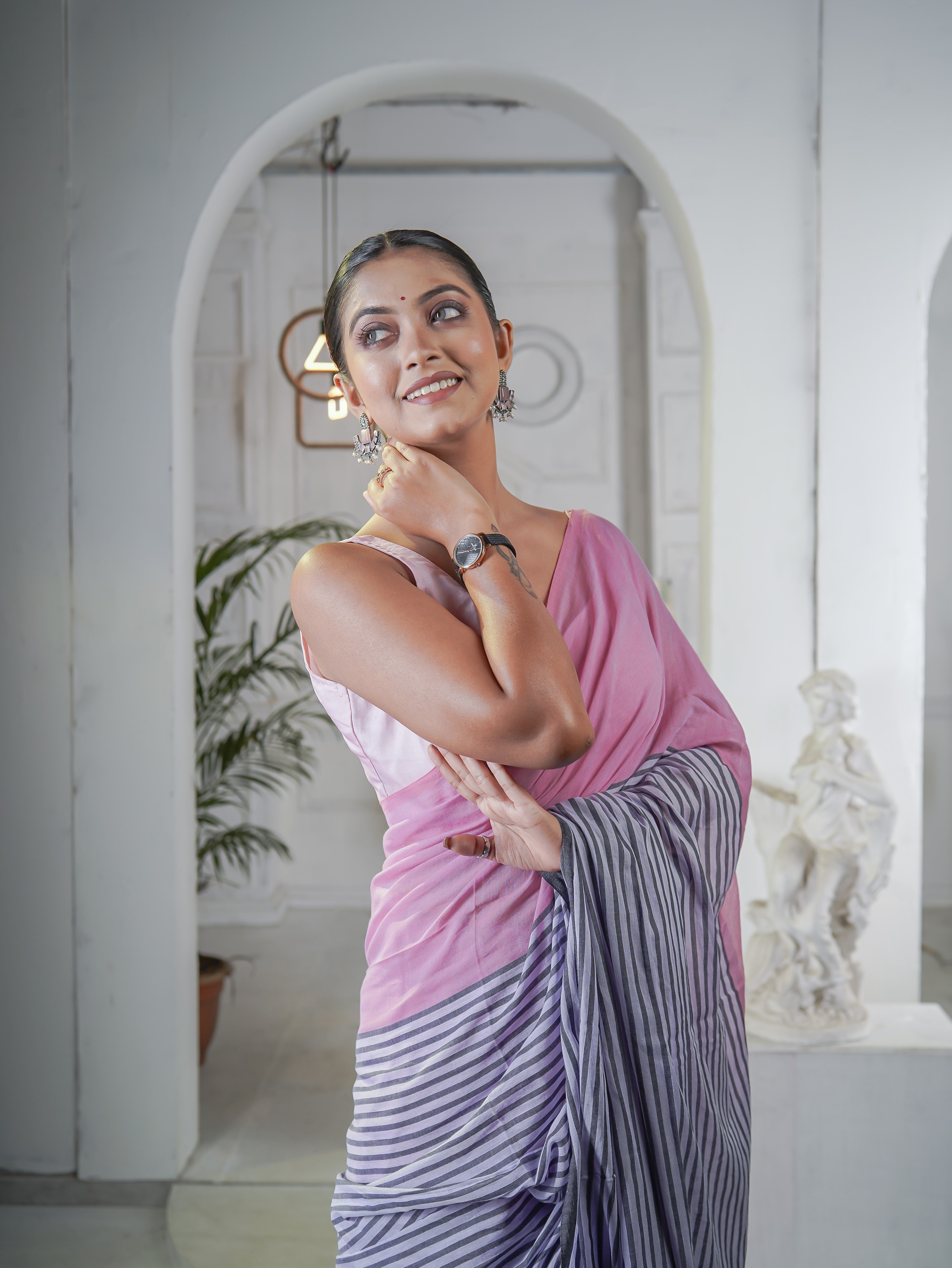 Baby Pink Half-half Check Mul Cotton saree with Blouse piece