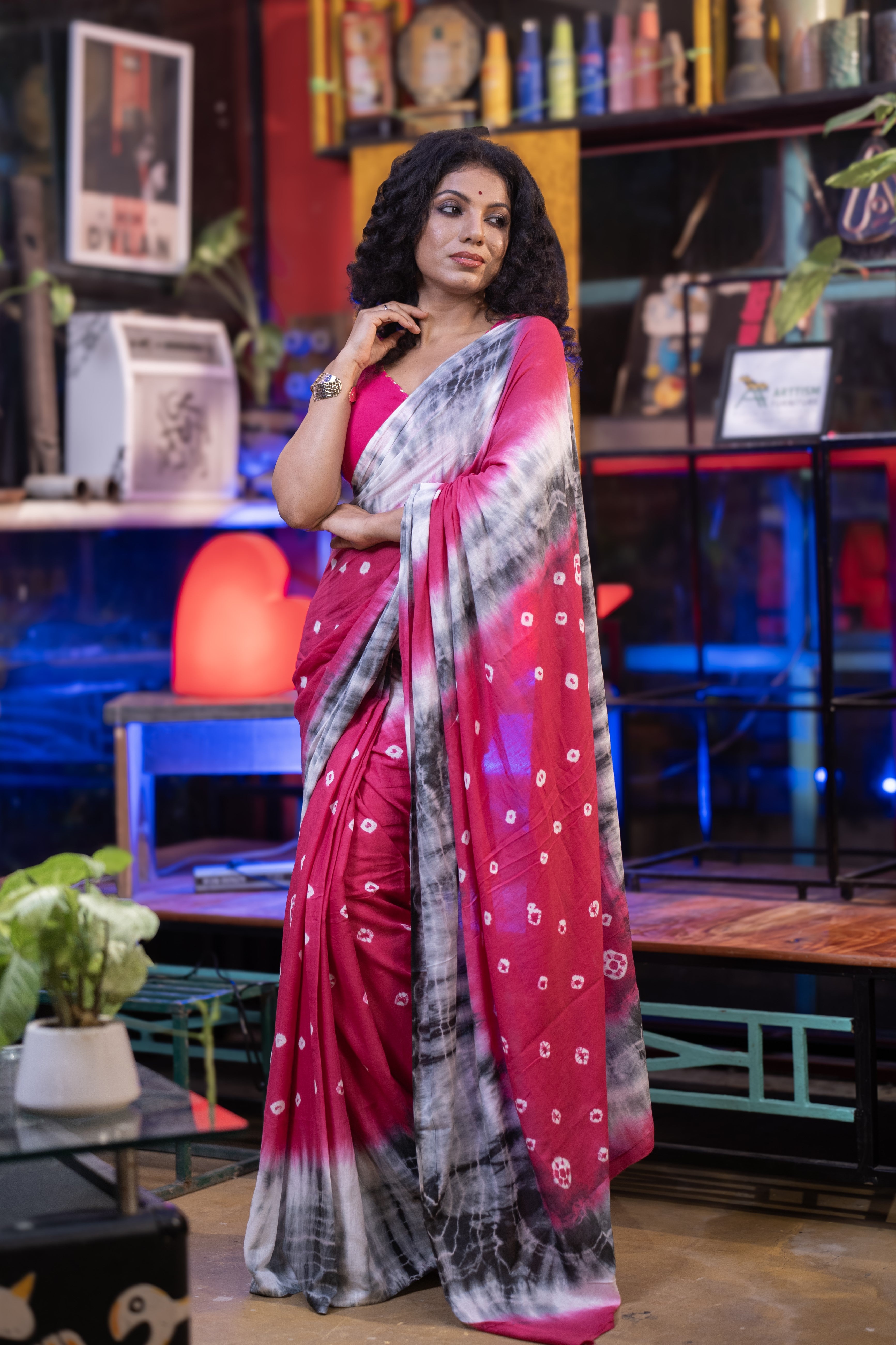 Rani Bandhani Mulmul Cotton Saree with blouse piece