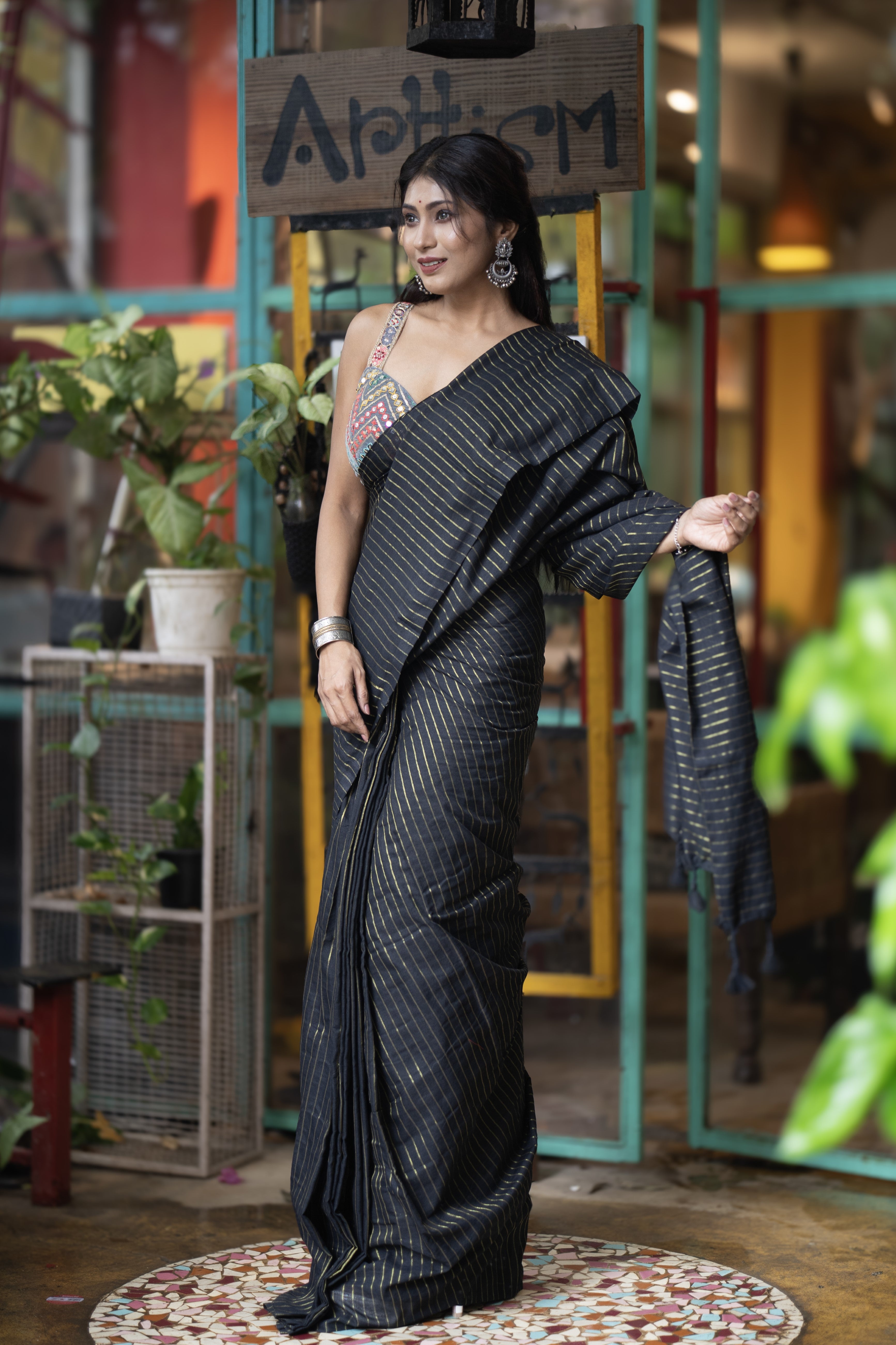 Black Khadi Cotton Golden Striped Saree