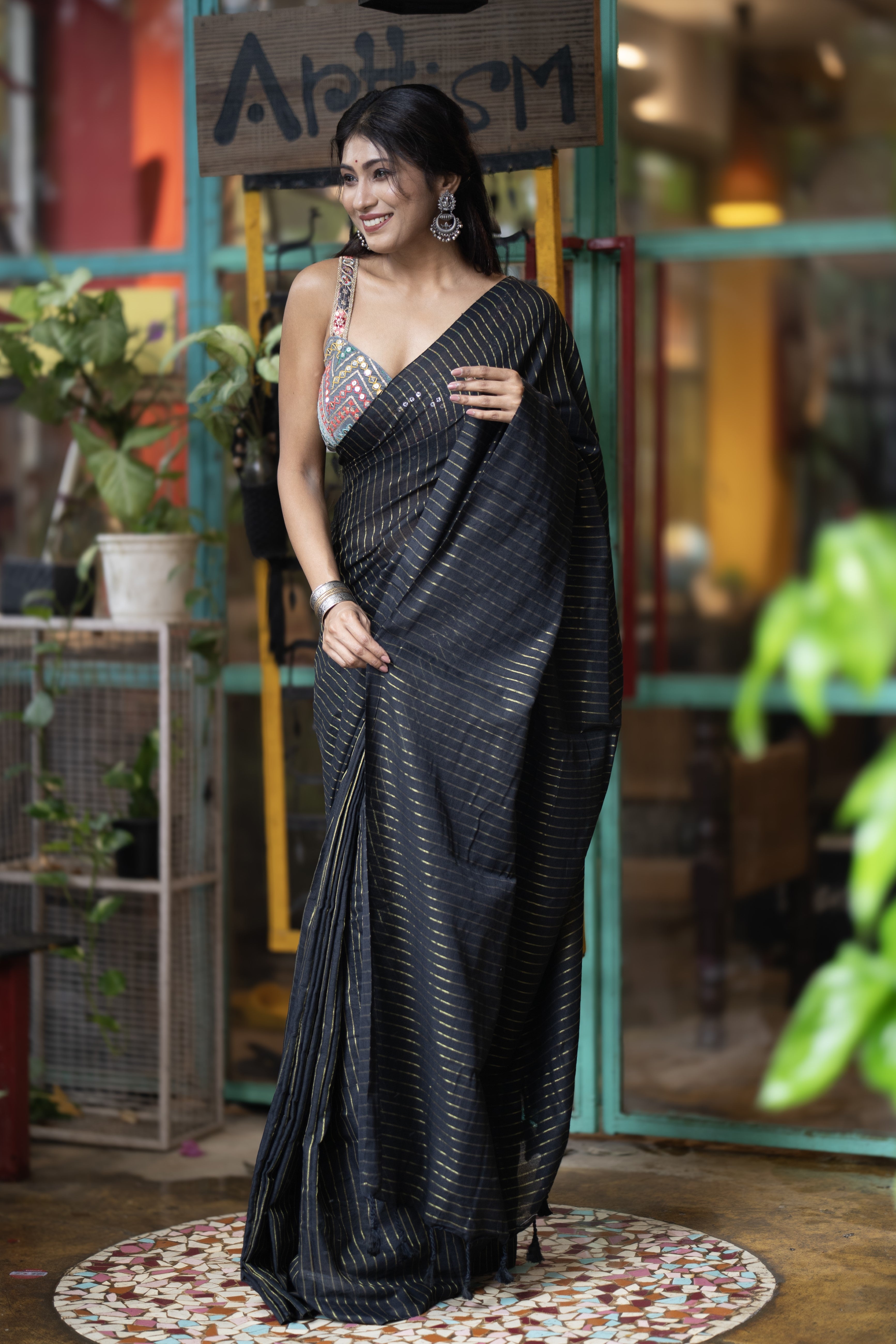 Black Khadi Cotton Golden Striped Saree