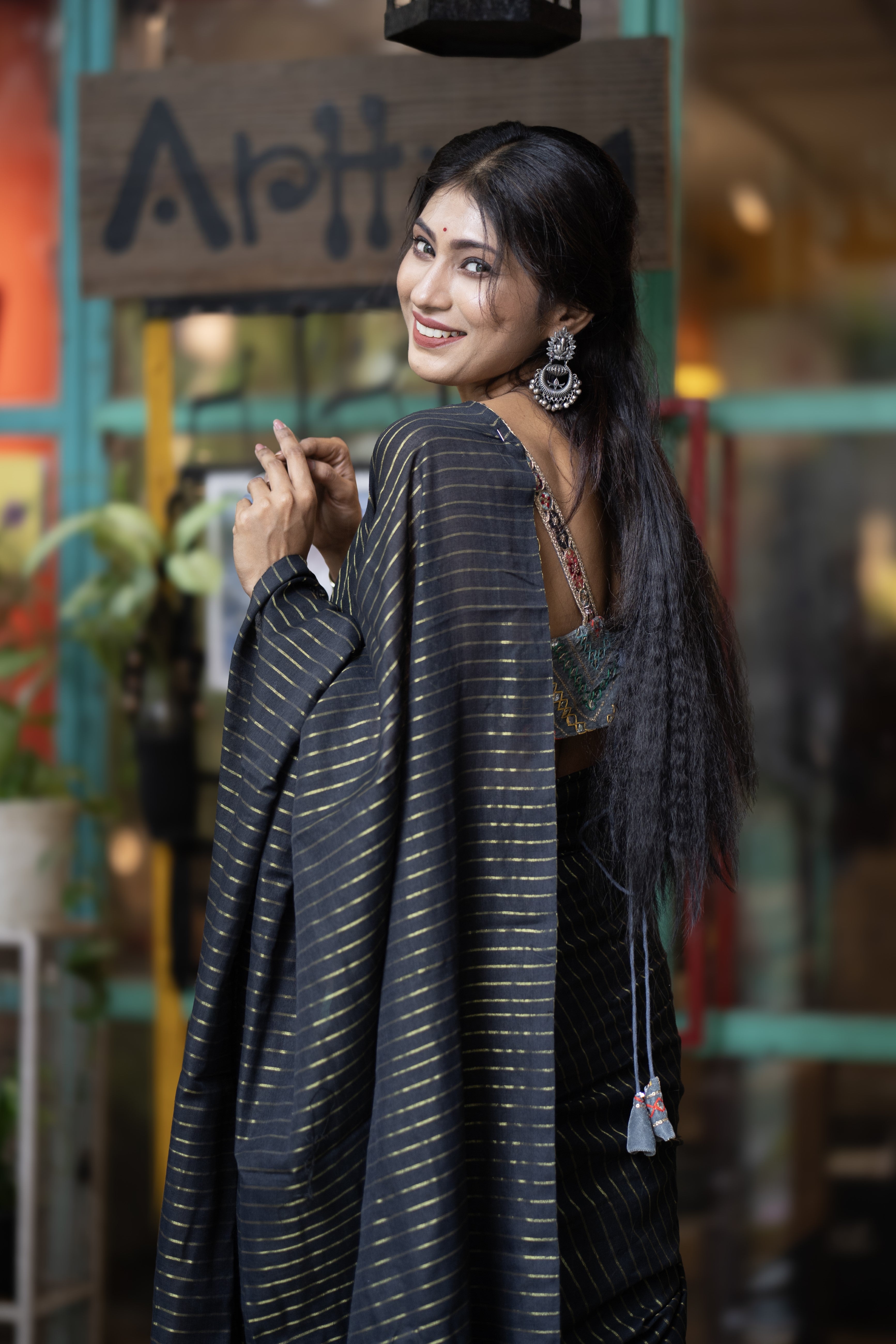 Black Khadi Cotton Golden Striped Saree