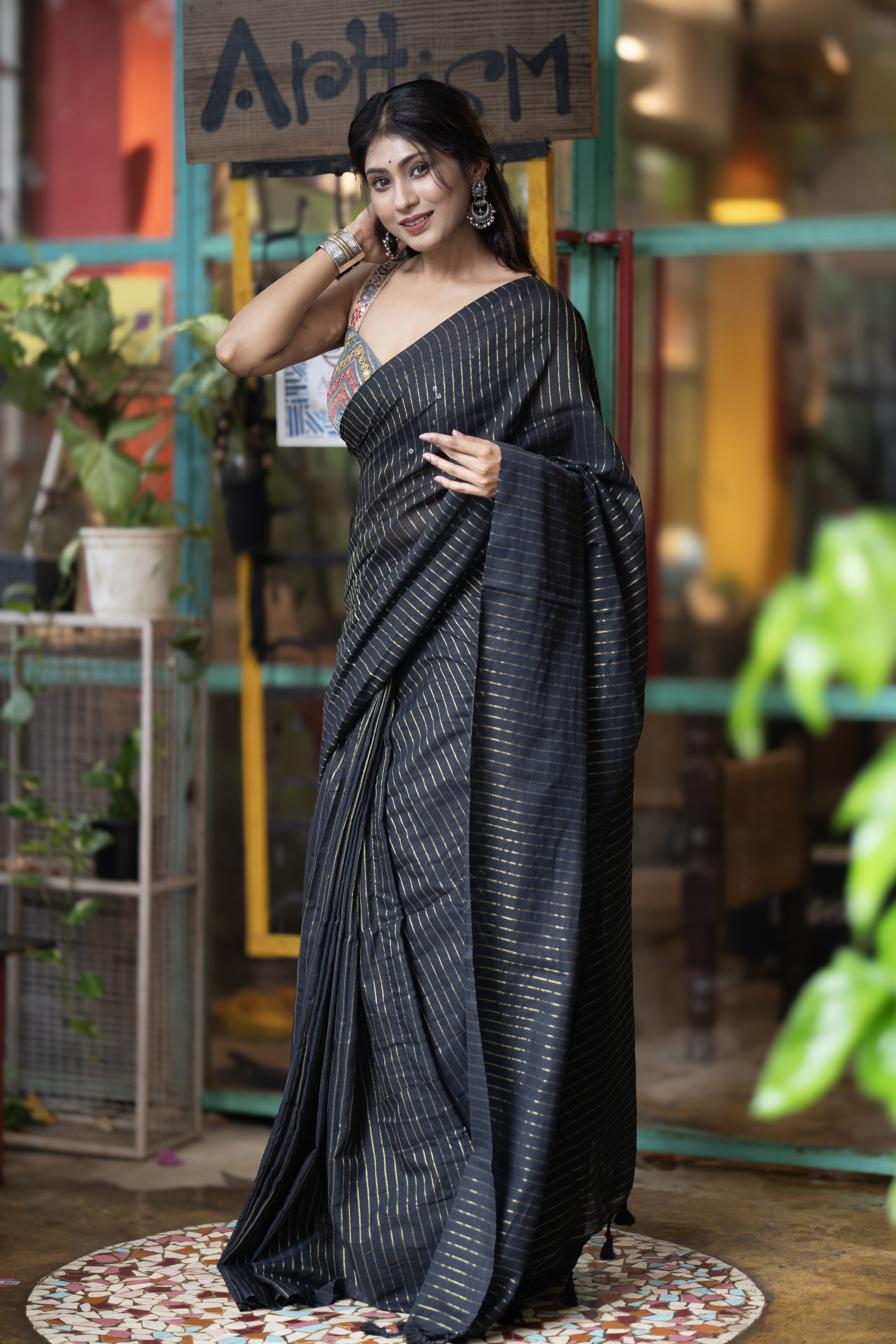 Black Khadi Cotton Golden Striped Saree