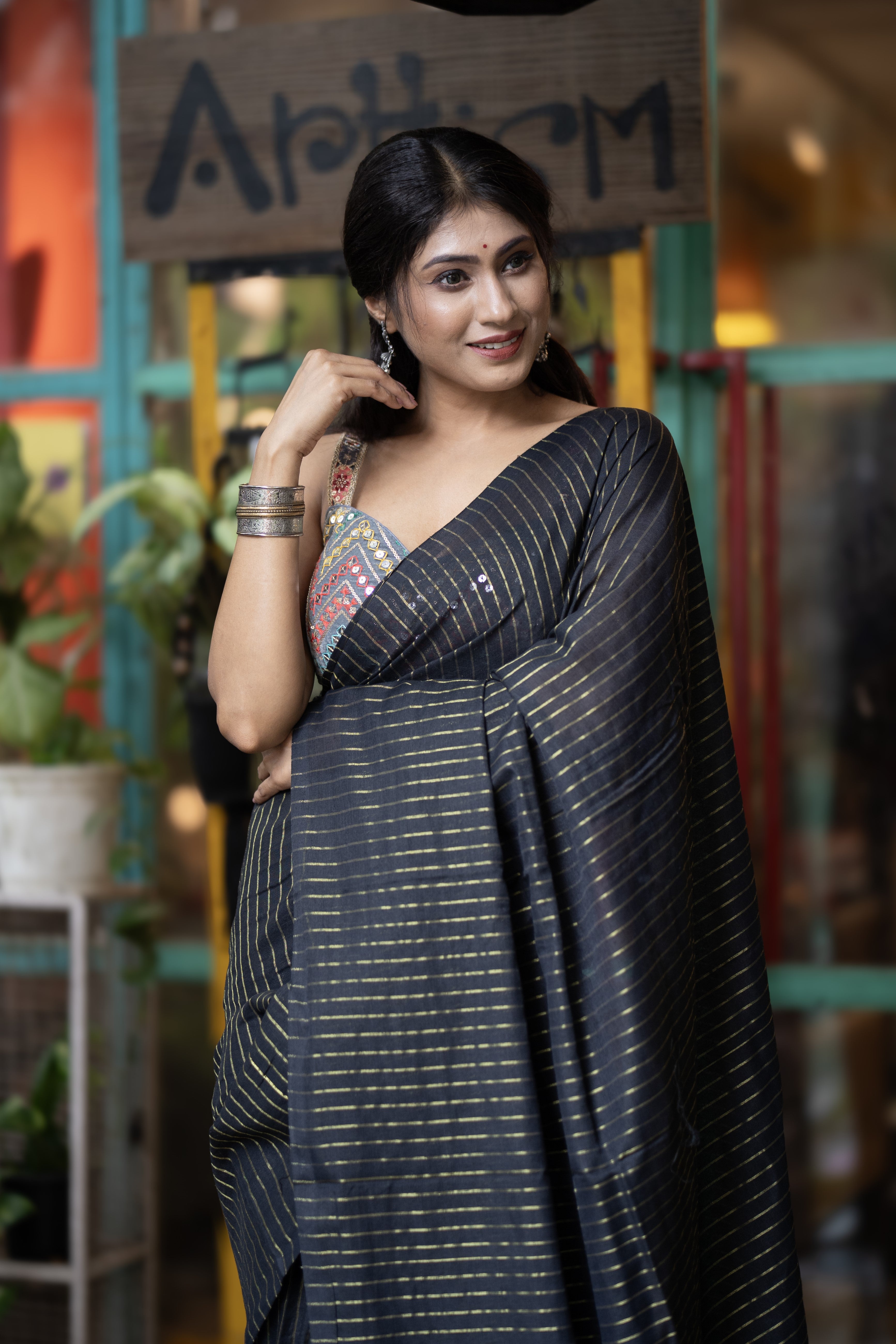 Black Khadi Cotton Golden Striped Saree