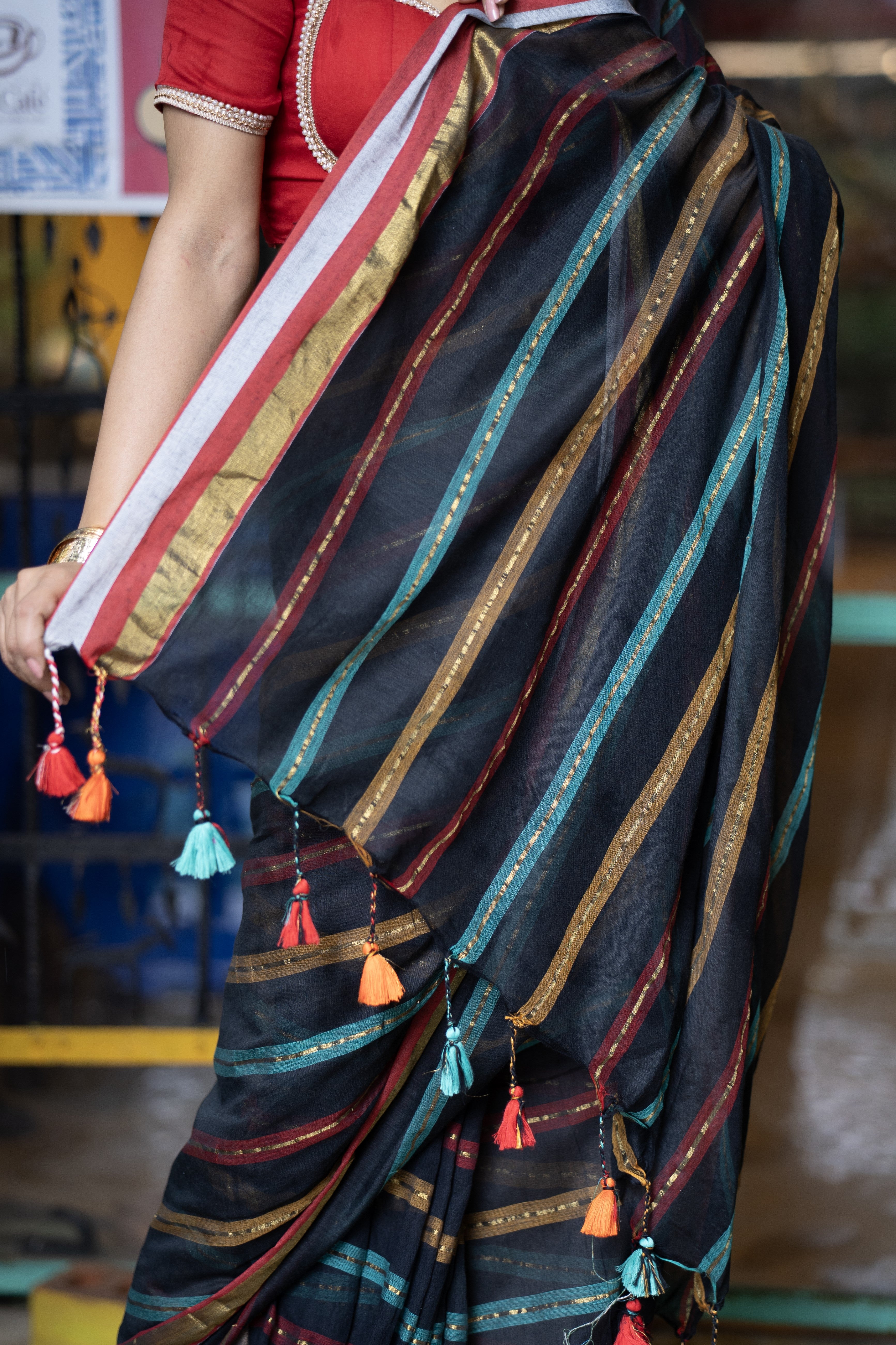 Black and Red Striped Mul Mul Cotton Saree