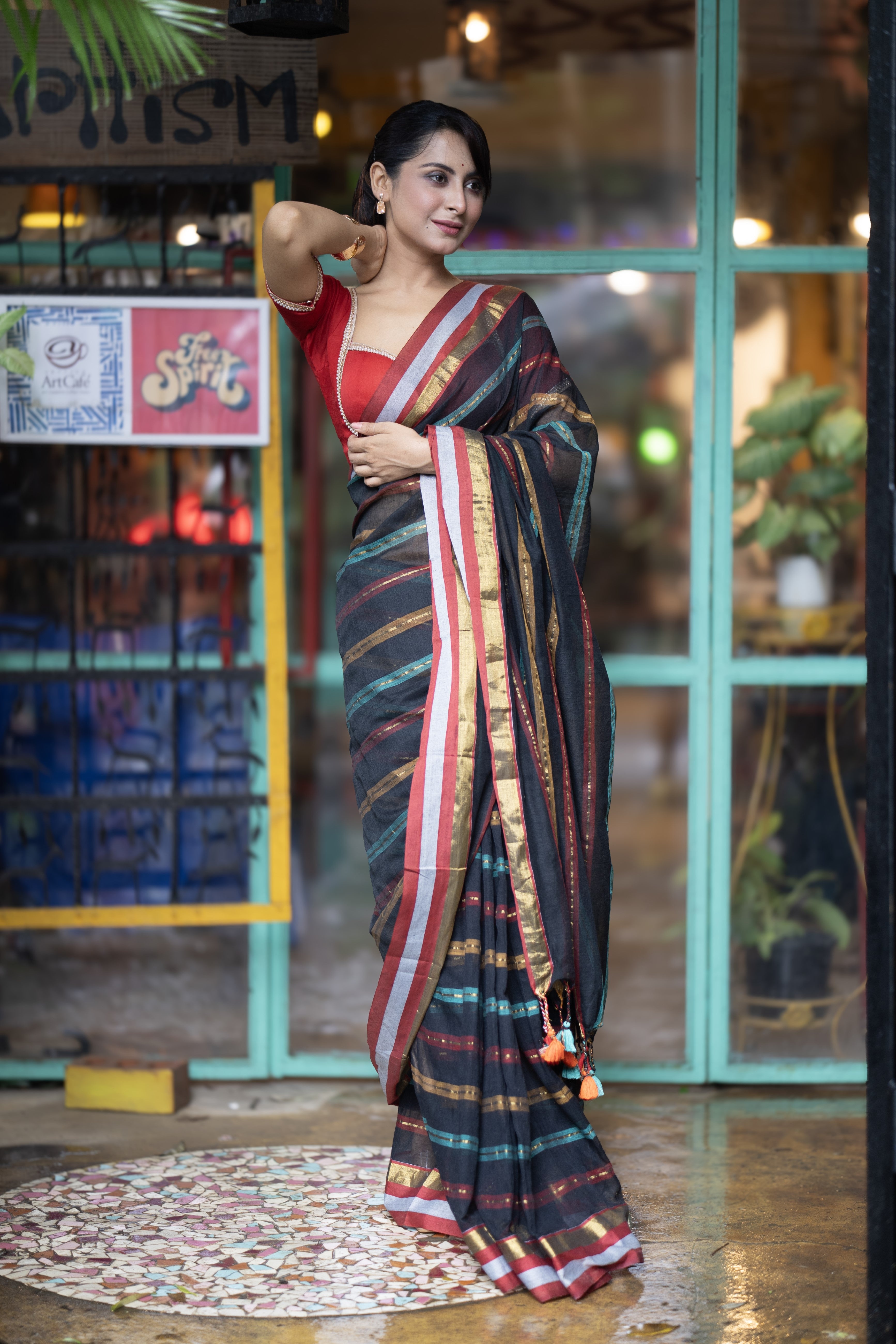Black and Red Striped Mul Mul Cotton Saree