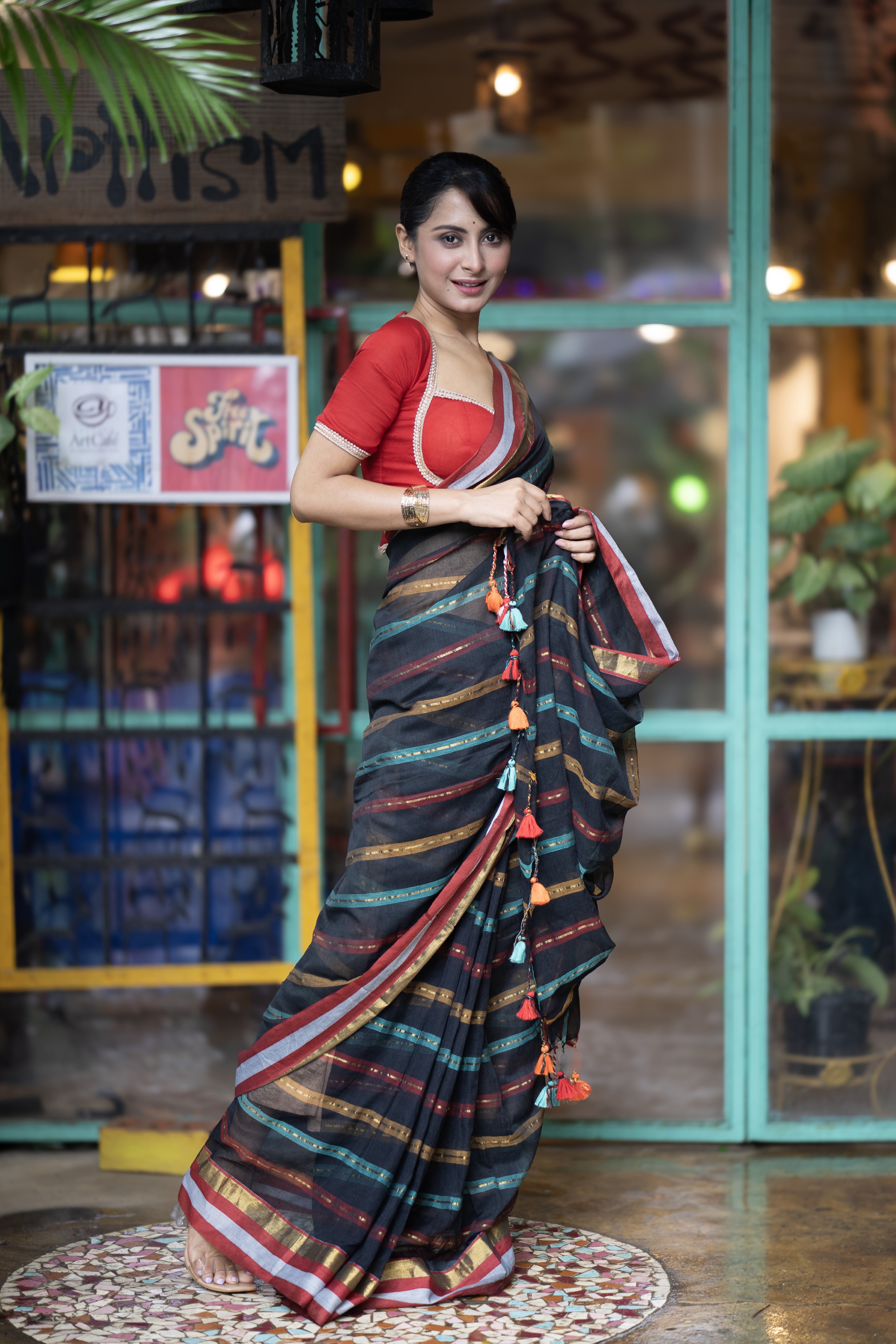Black and Red Striped Mul Mul Cotton Saree