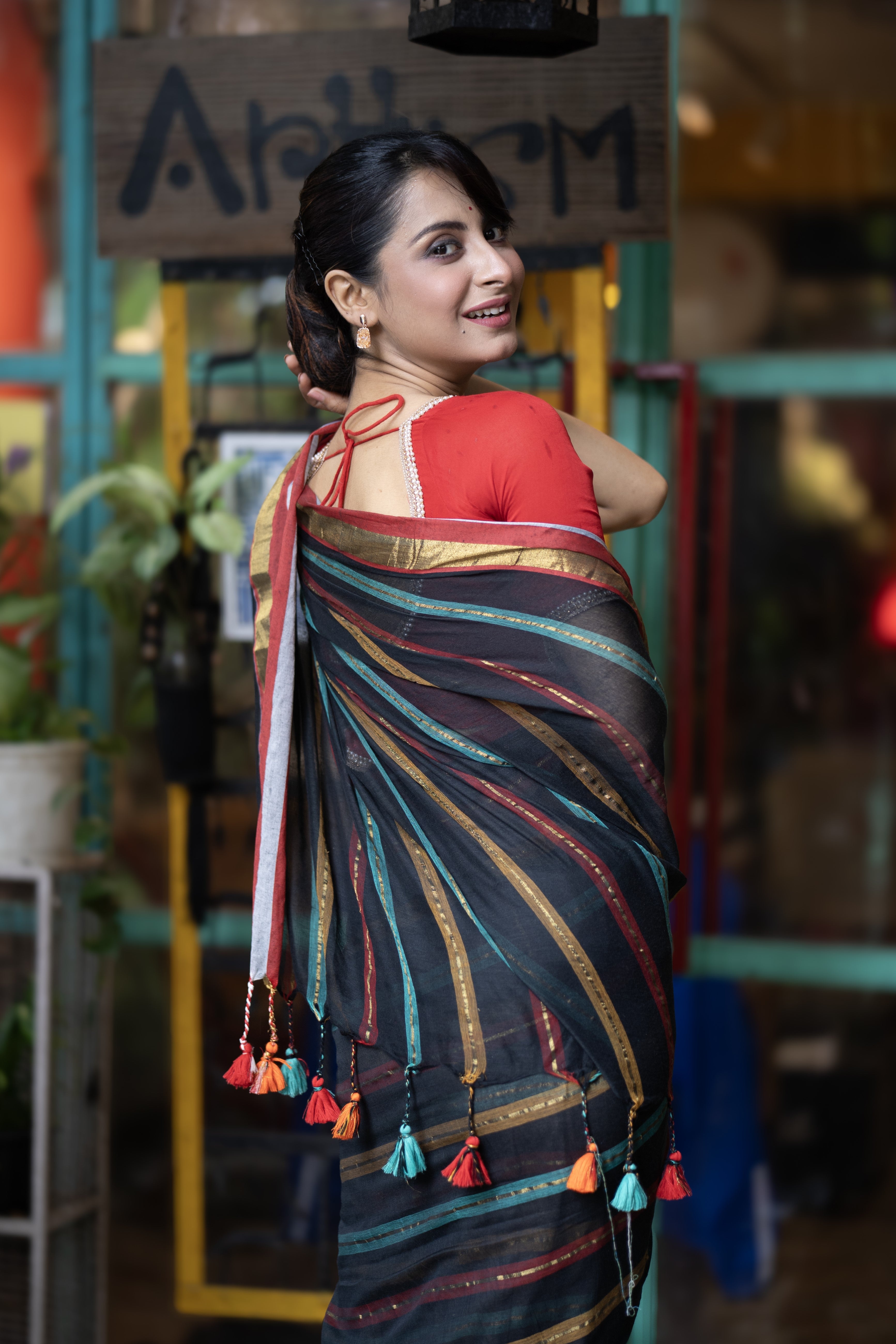 Black and Red Striped Mul Mul Cotton Saree