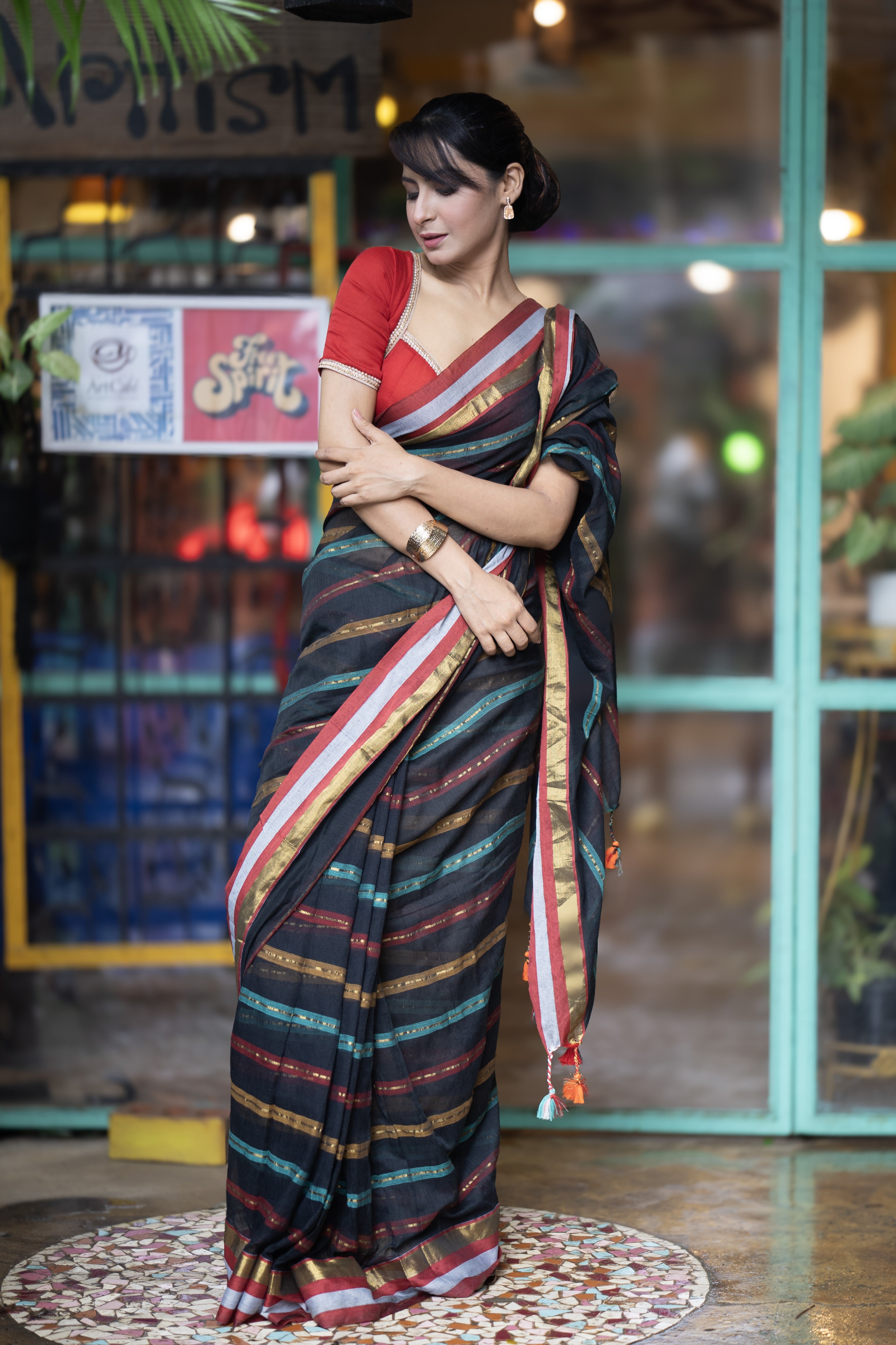 Black and Red Striped Mul Mul Cotton Saree