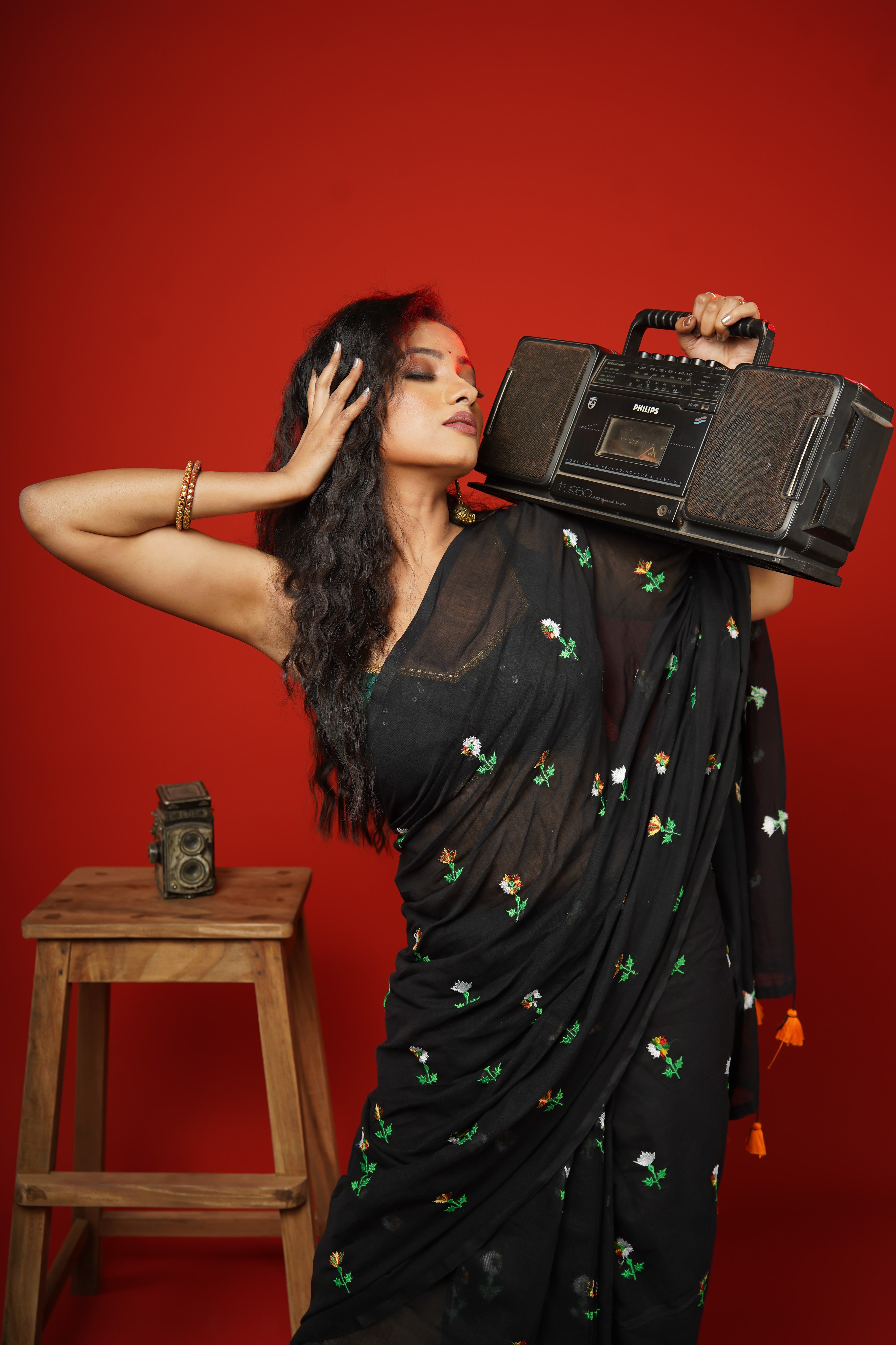 Black Embroidered Mul Mul Cotton Saree