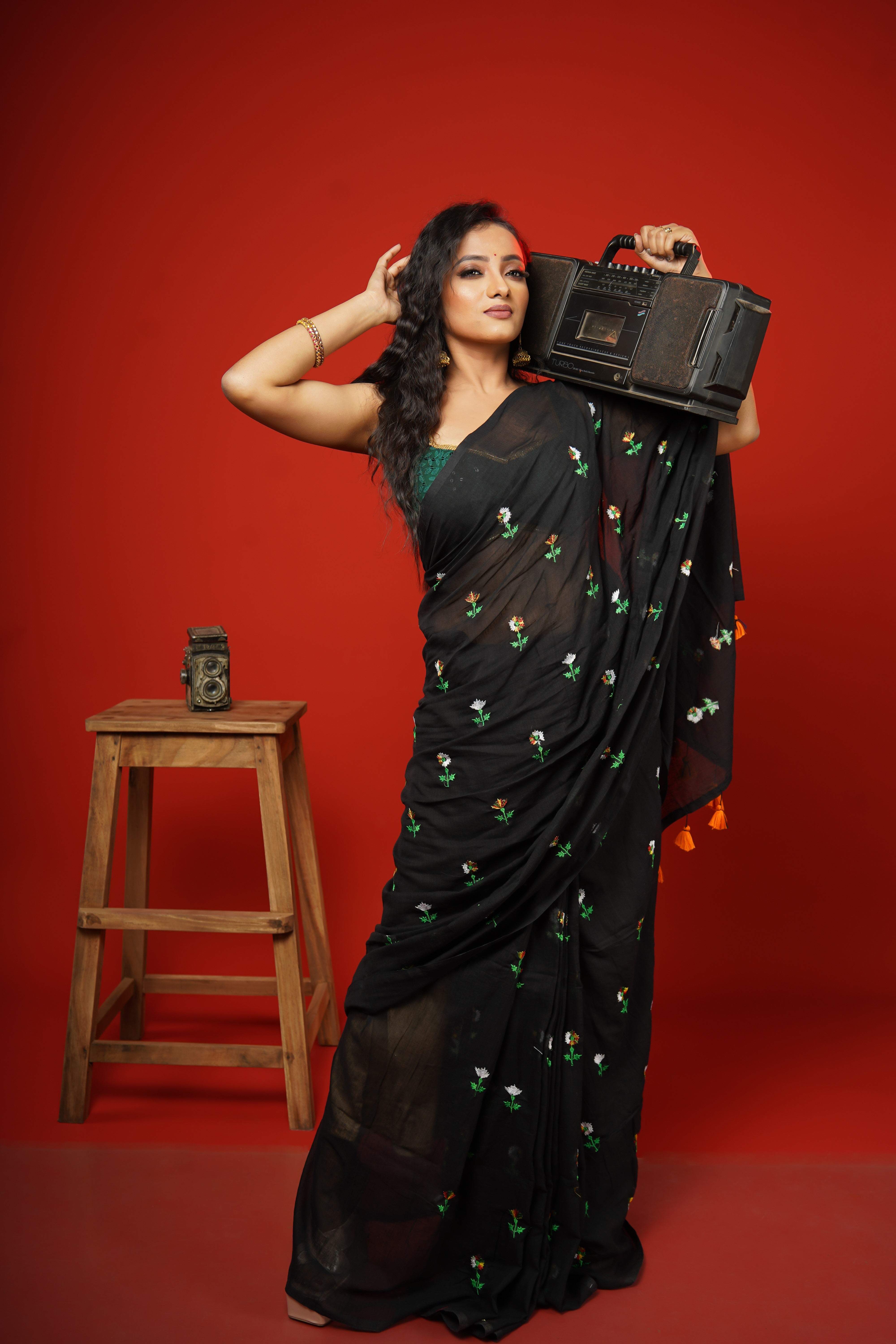 Black Embroidered Mul Mul Cotton Saree