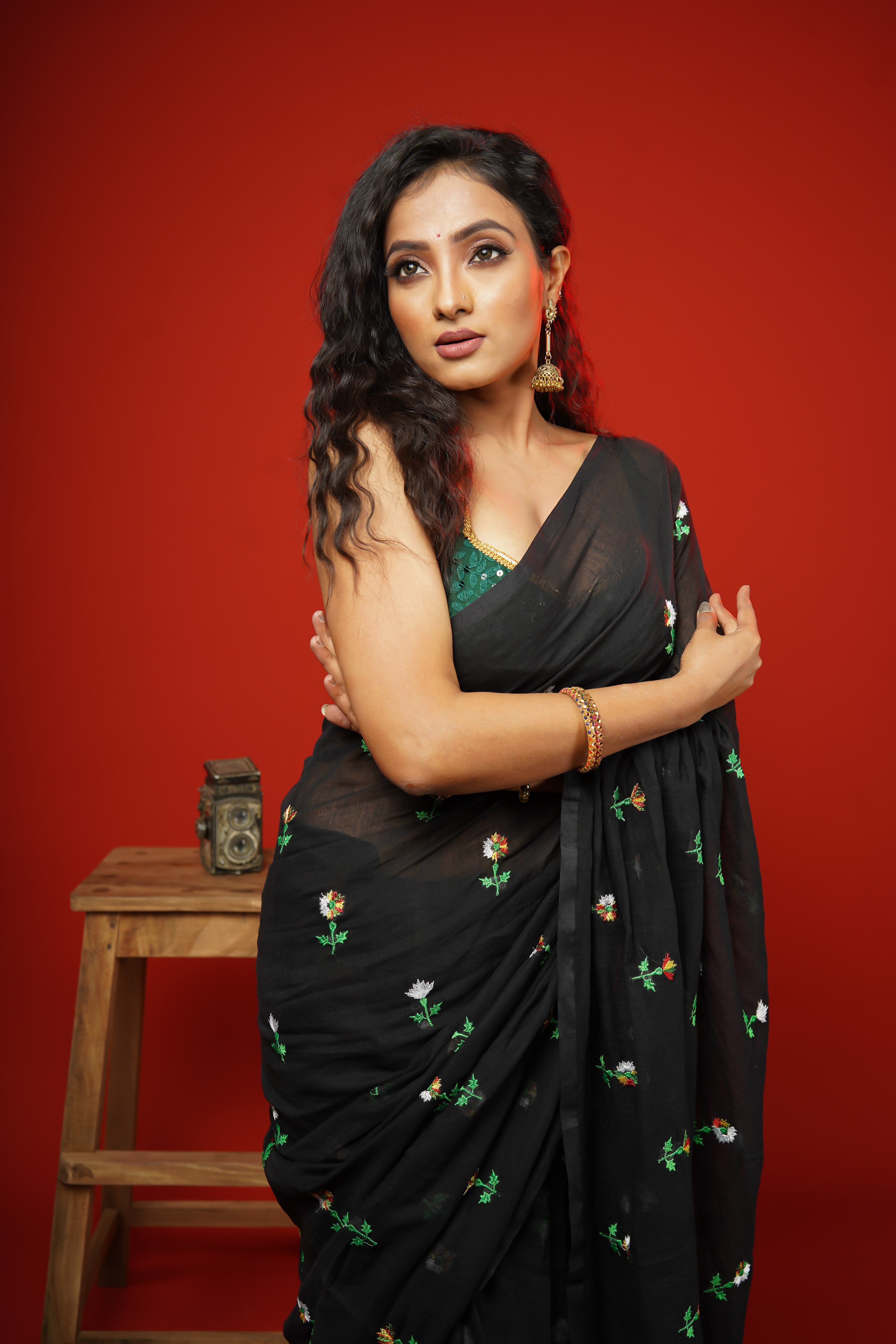 Black Embroidered Mul Mul Cotton Saree