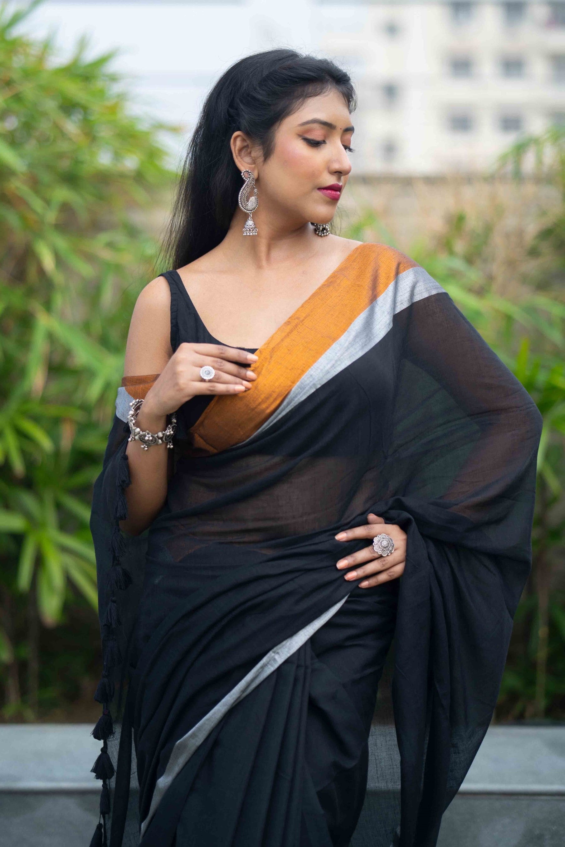 Black Mulmul Cotton Saree with Golden & Silver Zari Border