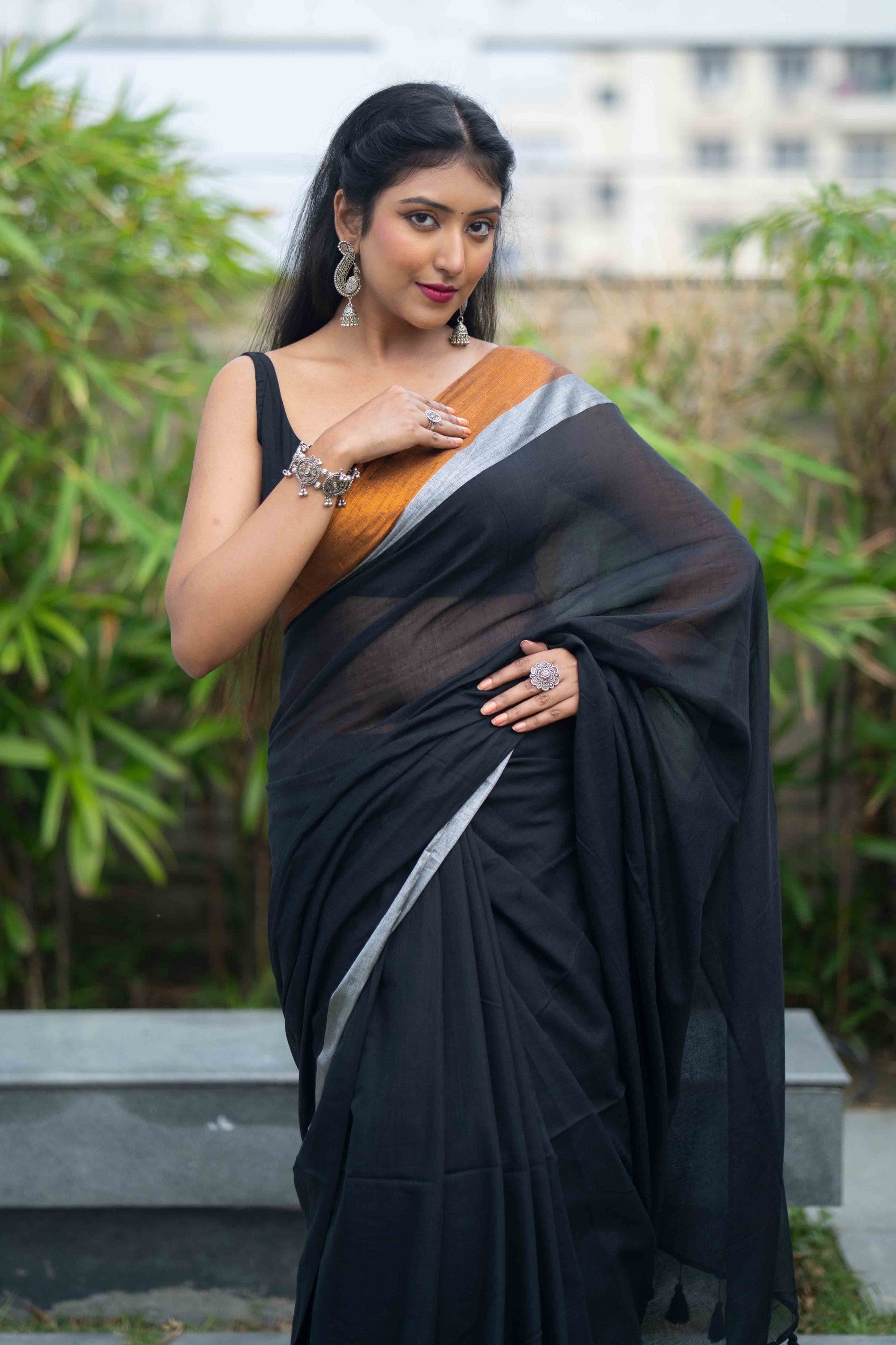 Black Mulmul Cotton Saree with Golden & Silver Zari Border