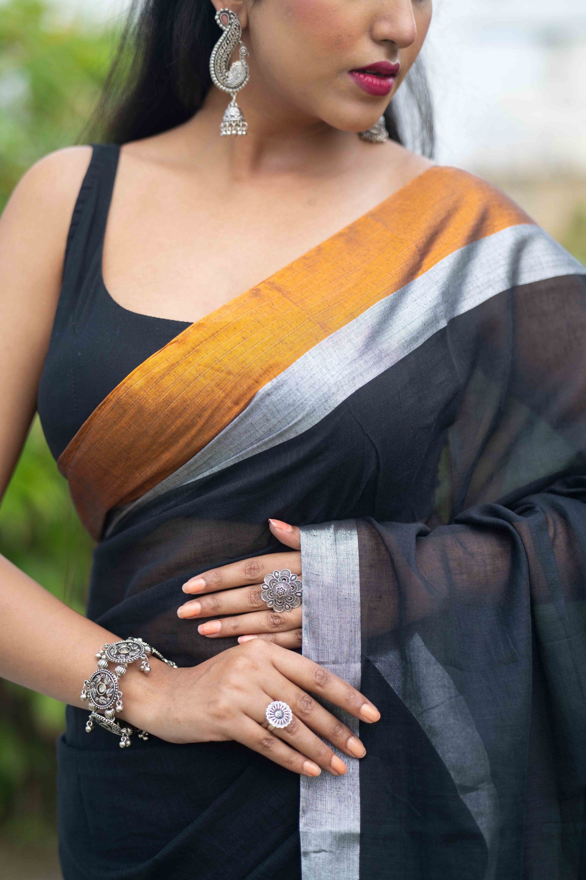 Black Mulmul Cotton Saree with Golden & Silver Zari Border