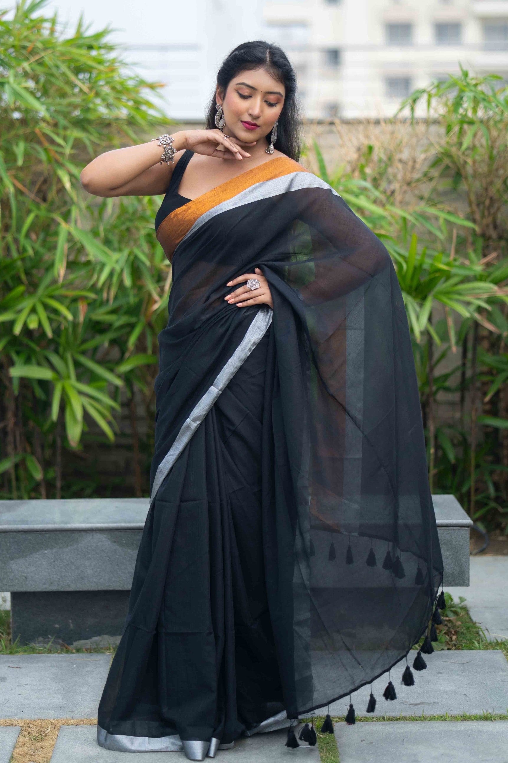 Black Mulmul Cotton Saree with Golden & Silver Zari Border
