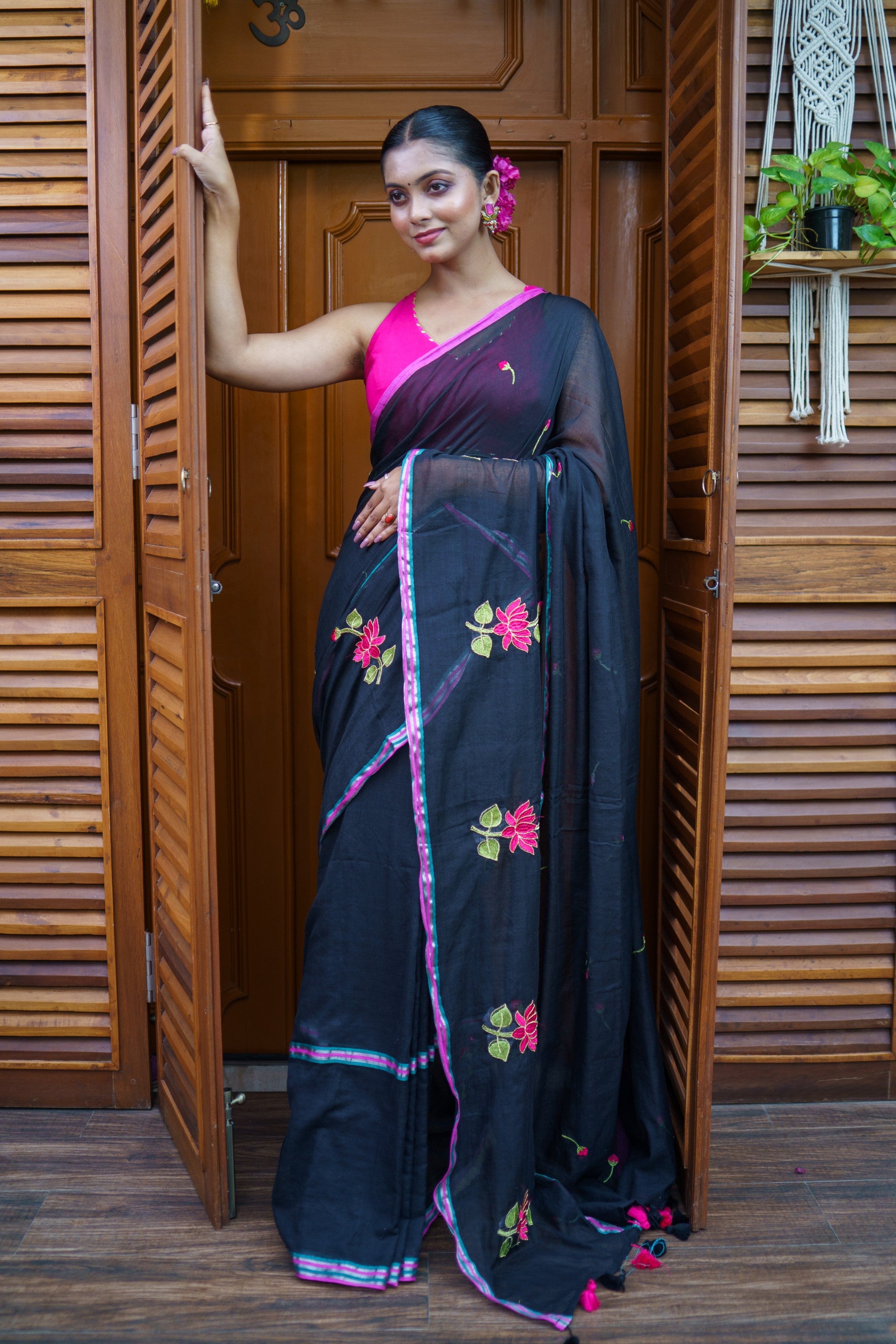 Black lotus embroidery mulmul cotton saree with blouse piece