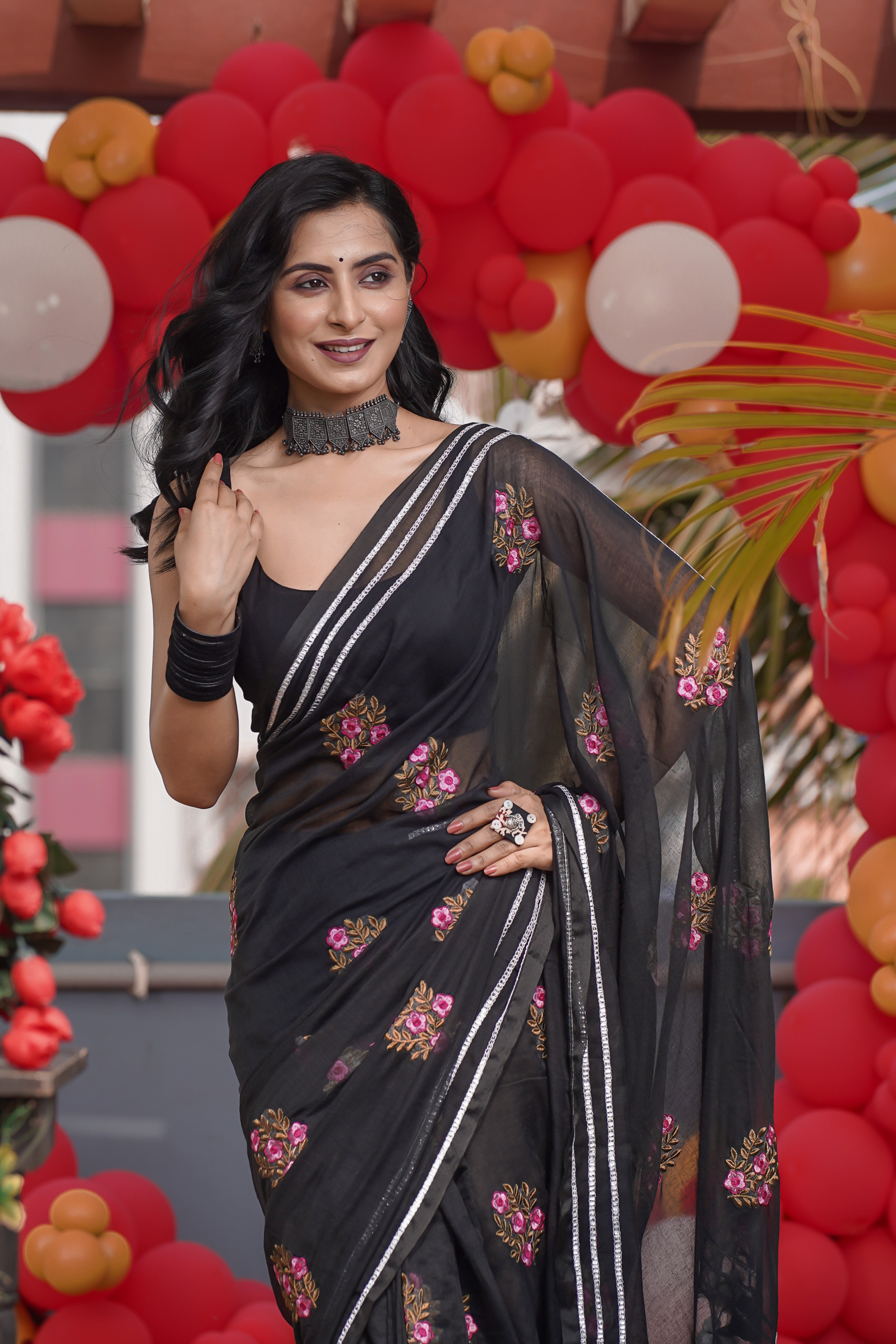 Lavanya Black Mul Mul Cotton Saree With Embroidery