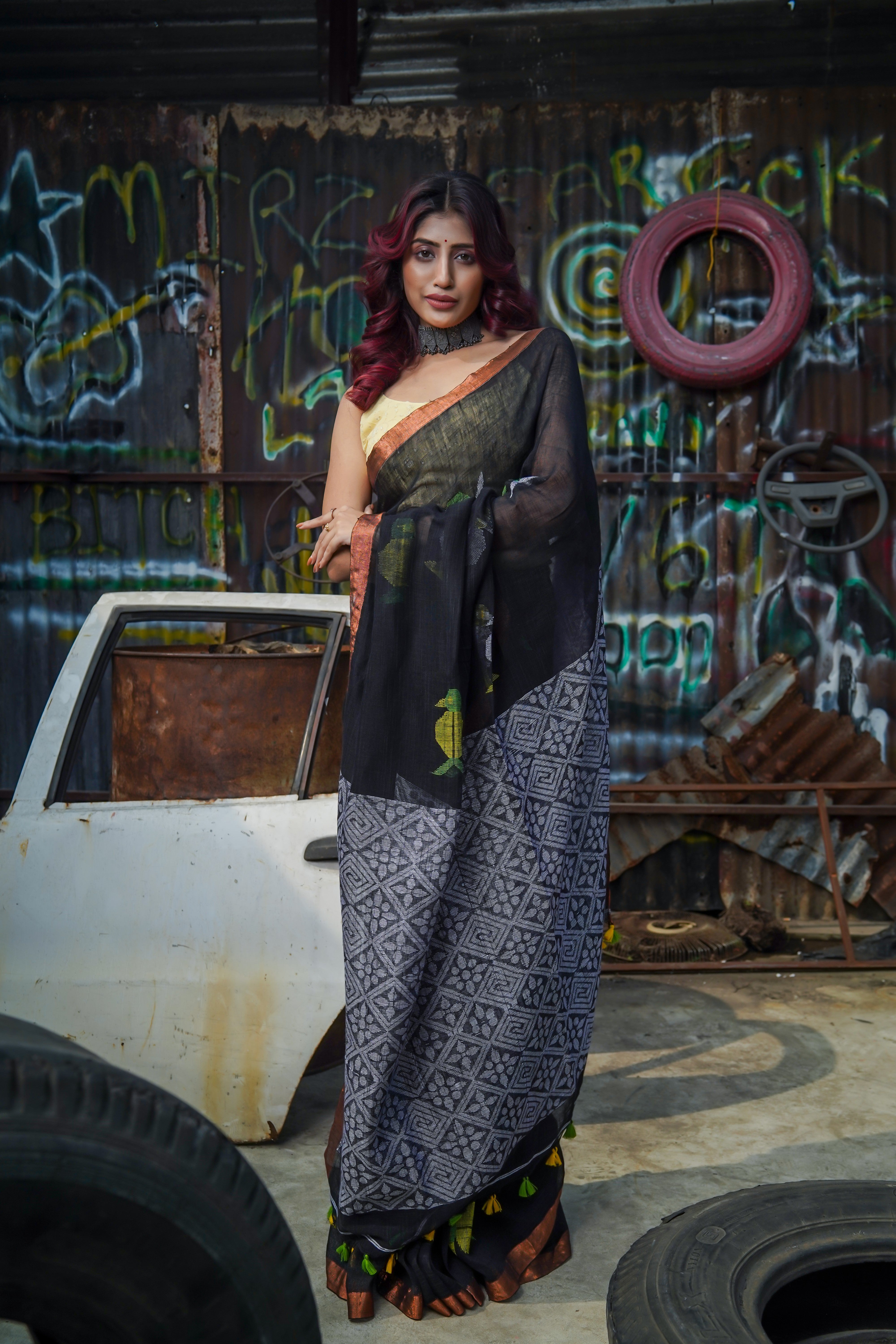 Handwoven Black Linen Jamdani Saree with Penguin Animal weaving