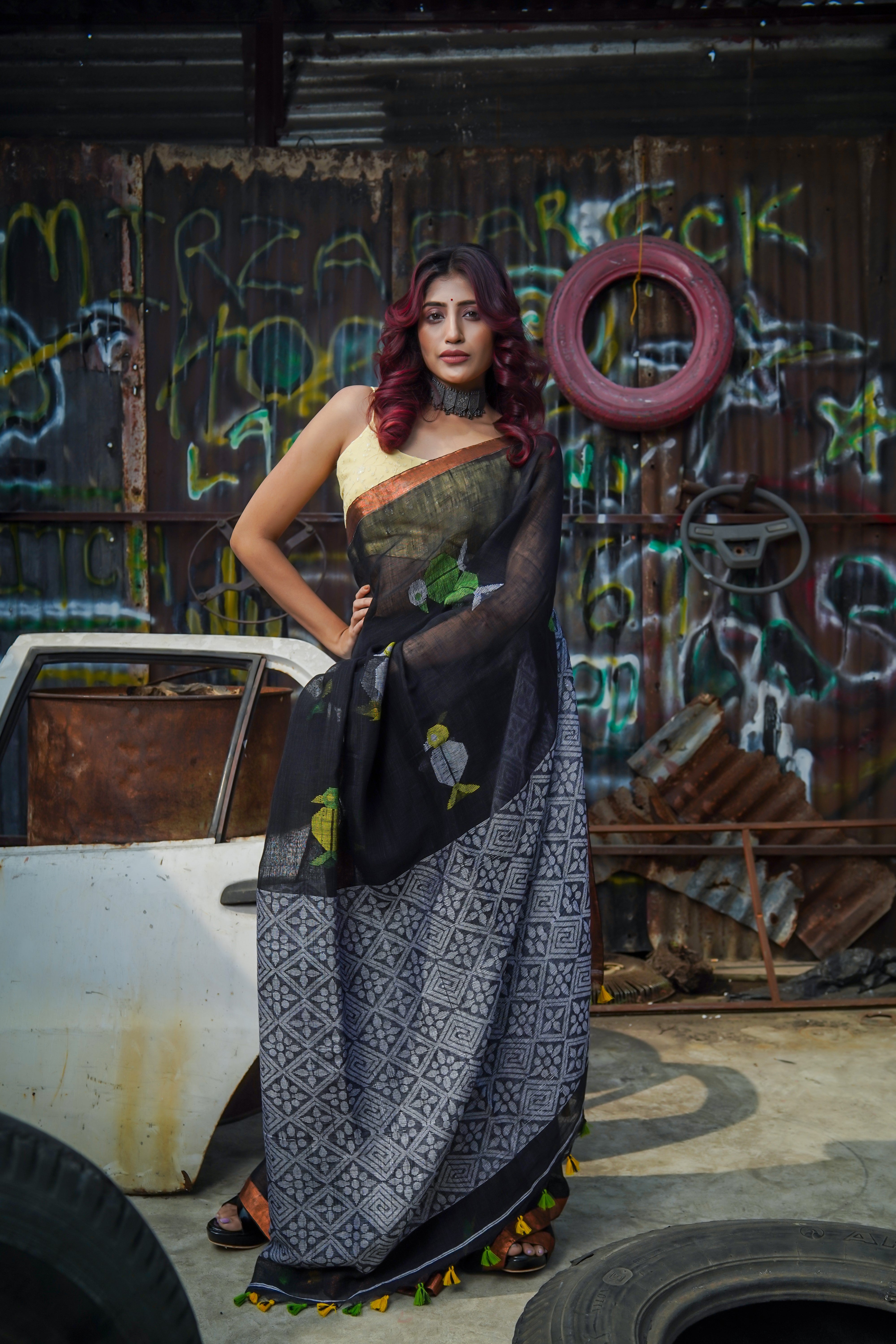 Handwoven Black Linen Jamdani Saree with Penguin Animal weaving